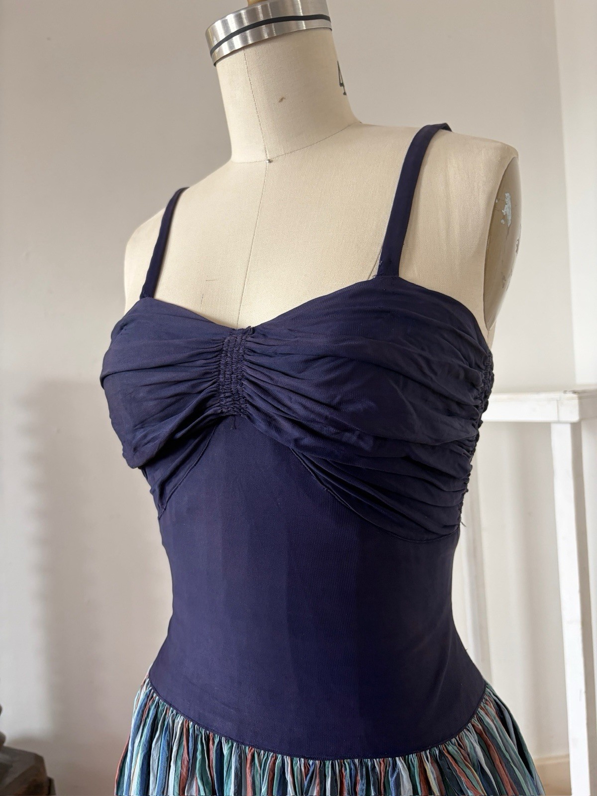 Vintage 40s Rayon Maxi Dress Ruched Bodice Colorful Striped Full Sweep Skirt XXS