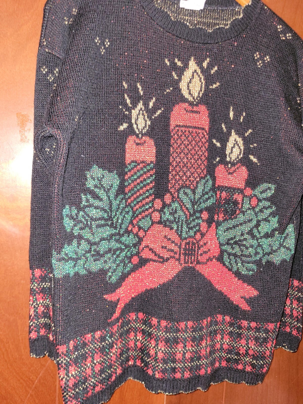Vintage Holiday Time Christmas Sweater With Candles & Metallic Detail~Small