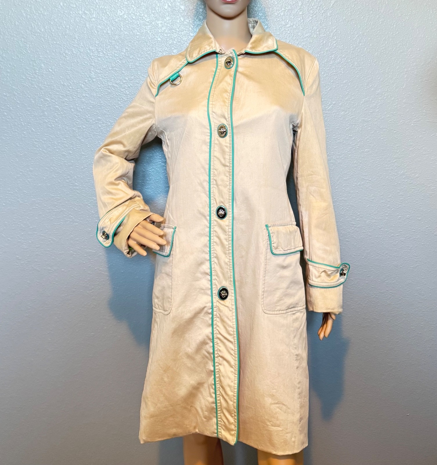 Vintage Coach Trench Coat with Teal Leather Trim and Polka Dot Lining Size 4