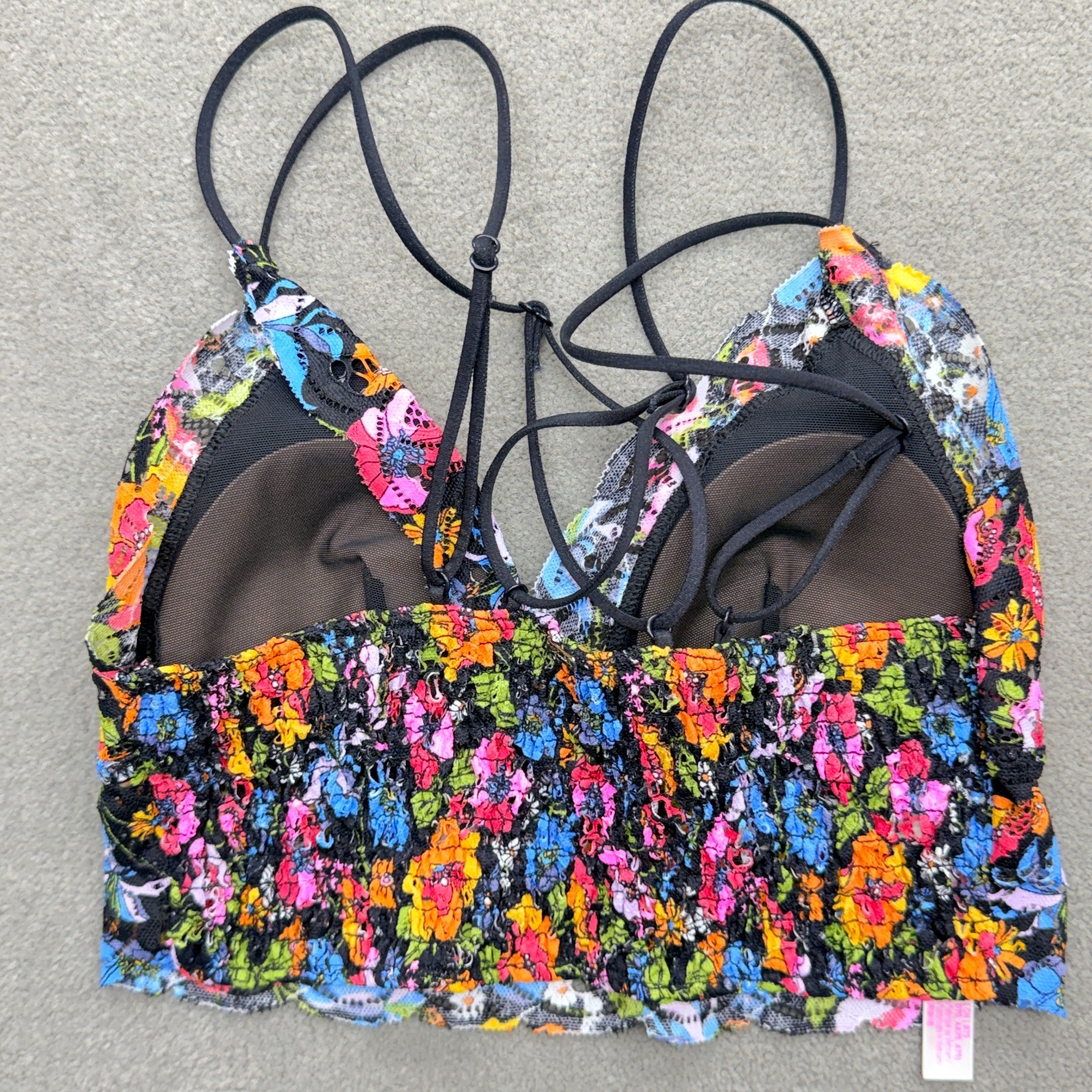 Victoria’s Secret ” Pink ” Bralette Floral Womens Sz Small Black Leather Straps