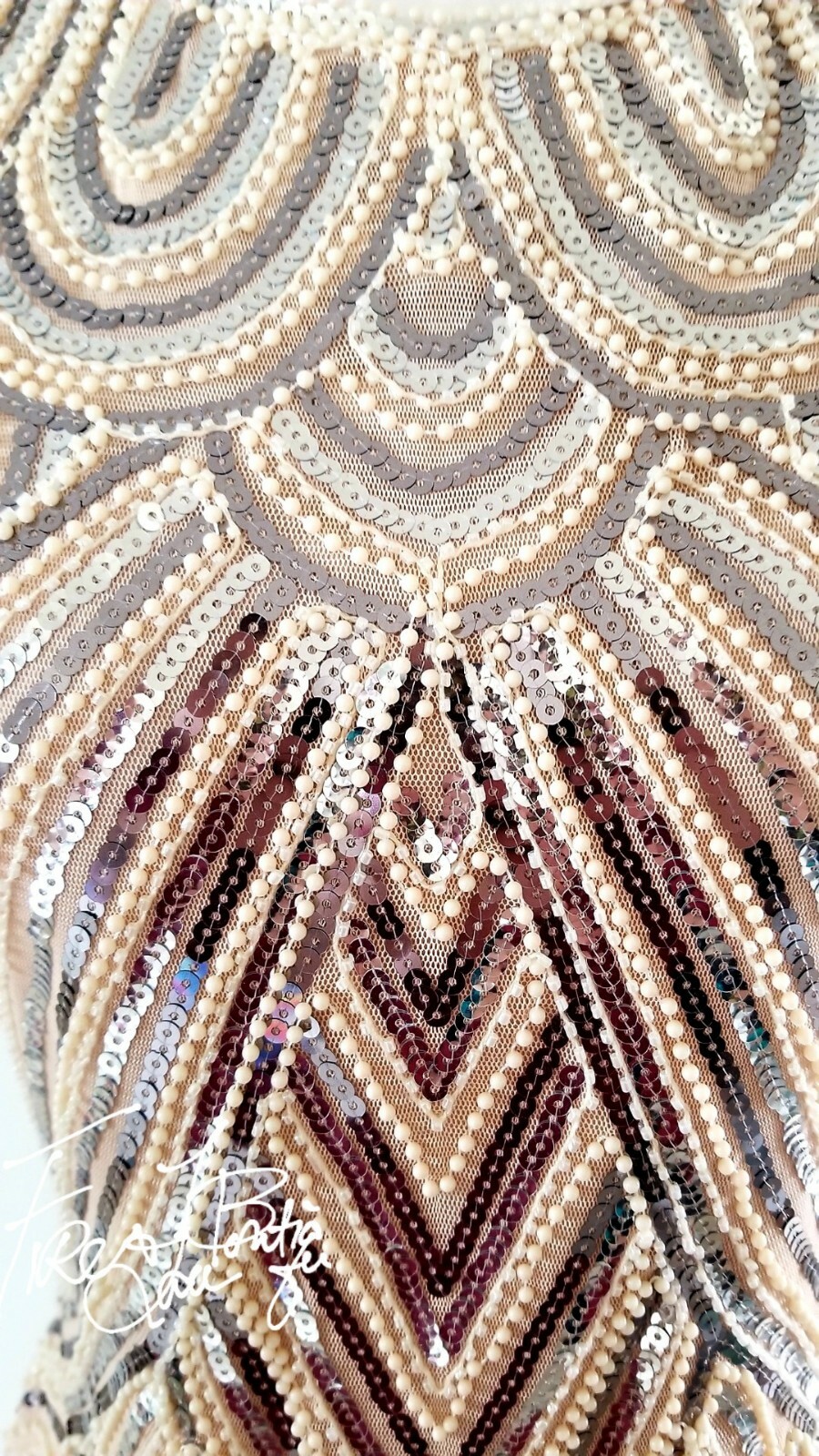 VINTAGE 60s 70s BEADED PEARL SEQUIN FRINGE FLAPPER DRESS SZ M 6 8