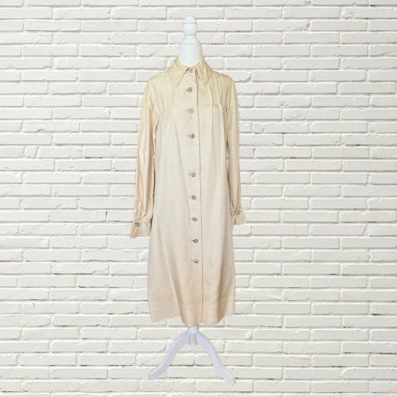 Vintage 60s Cream Silk Bill Blass Dress Button Front Pintuck Pleating