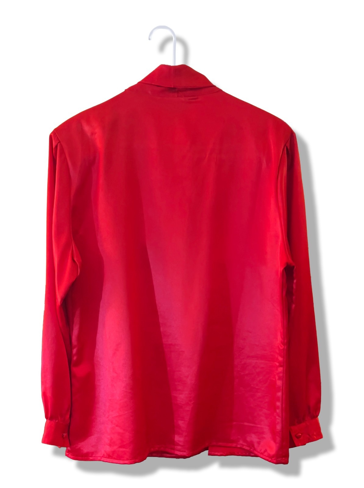 Vintage 80s Objectives Red Satin Pussy Bow Blouse Secretary Long Sleeve, Size 16