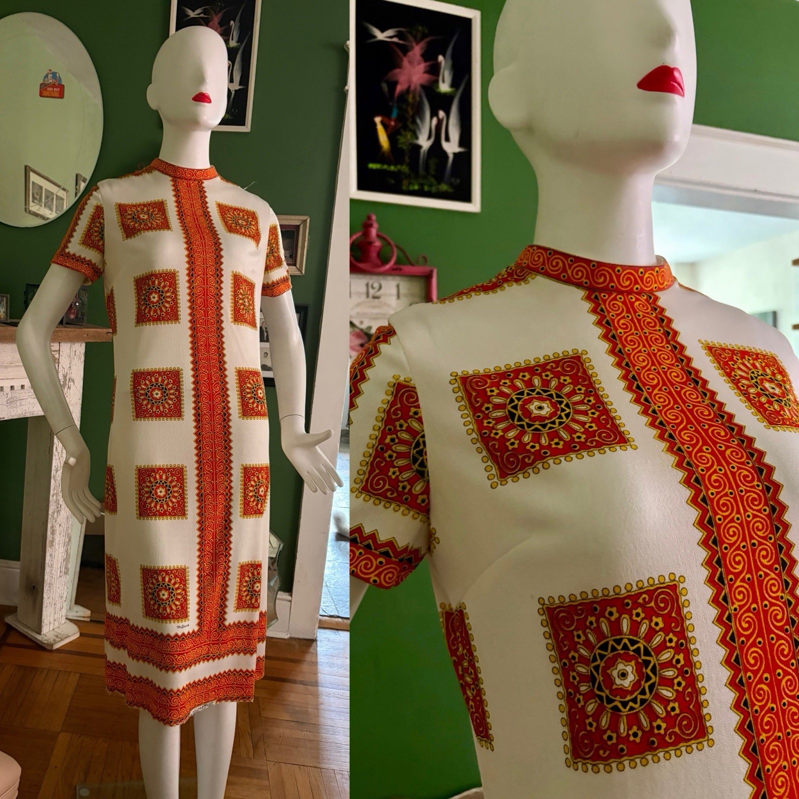 Vintage 1970s Mr. Dino Graphic Grecian Art Deco Tea Length Column Dress M L