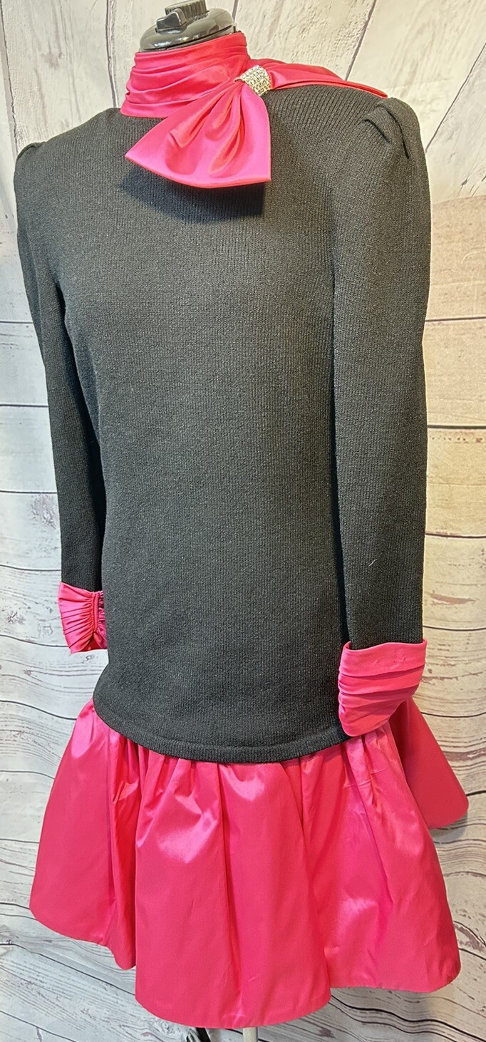 Vtg 80s Raul Blanco Black Hot Pink Ballerina Drop Waist Cage Skirt Slip Dress