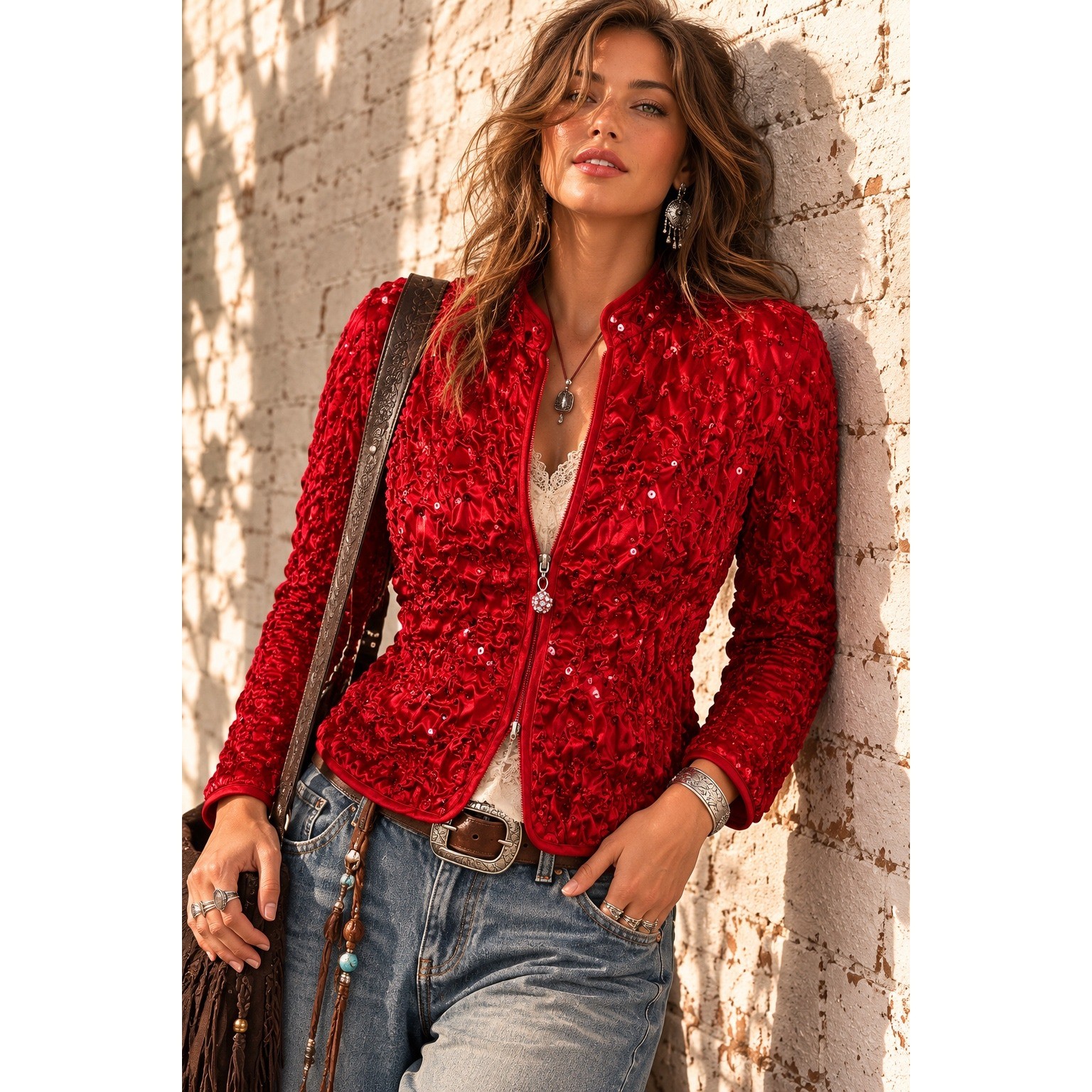 Vintage J.B.S. Ltd Red Ruched Beaded Sequin Zip Up Jacket Party Glam Y2K Small