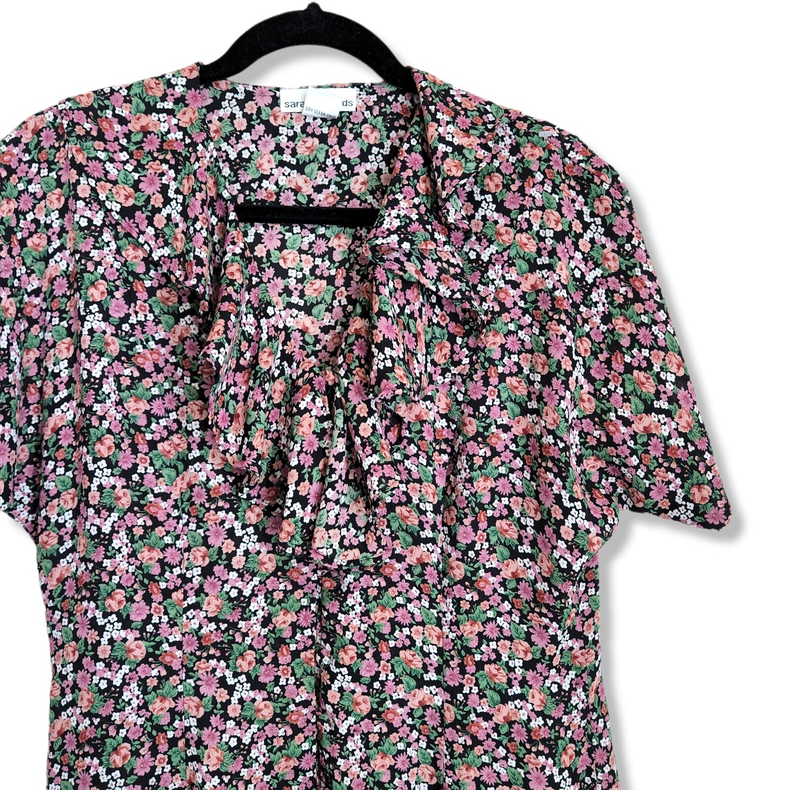 Vintage 90s Pink Floral sz 12 Ruffle Collar Romantic Tea Dress Midi cottagecore