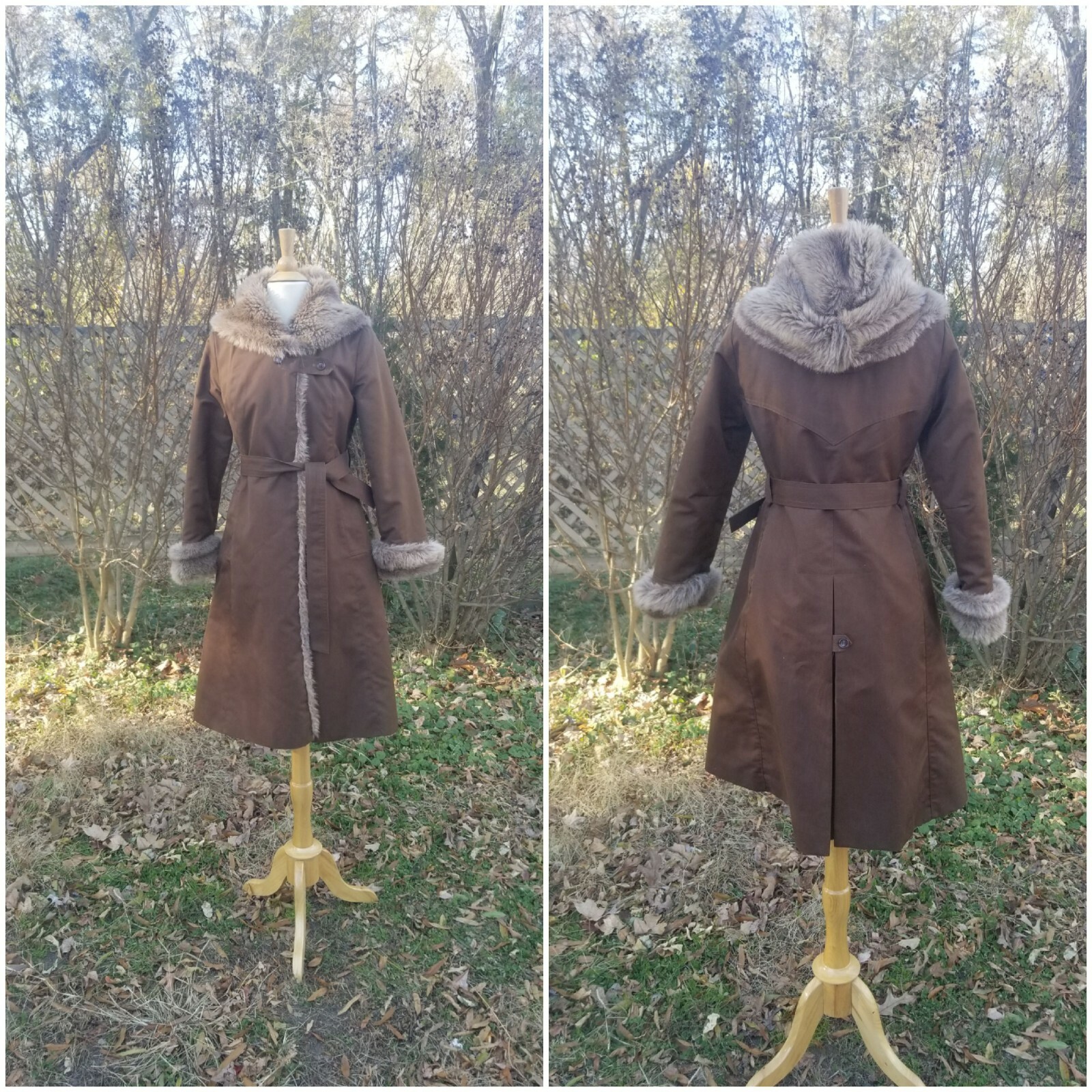 Vibtage 1970s Khaki brown trench robe coat faux fur lining hooded belted fits S