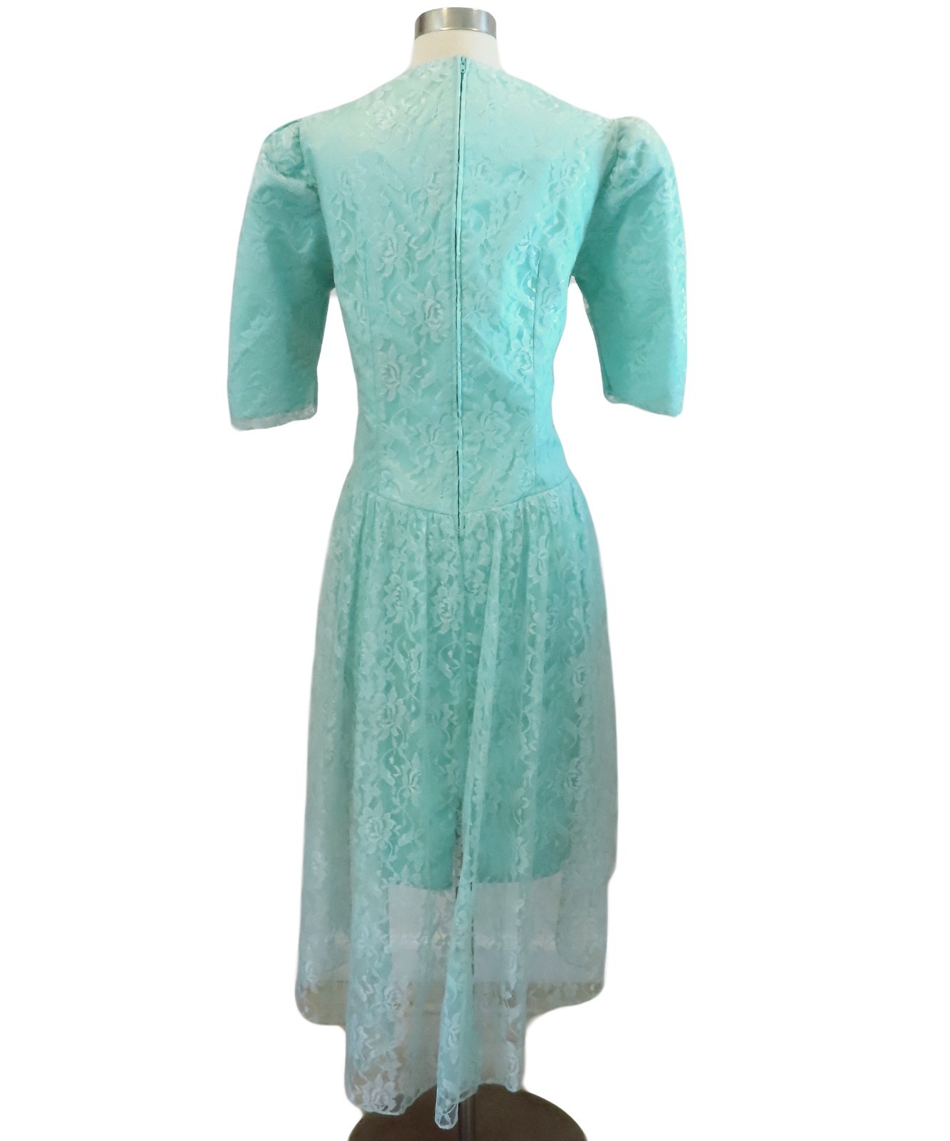 Vintage 80s Blue Green Seafoam Lace Peplum Sheath Cocktail Party Prom Dress L XL
