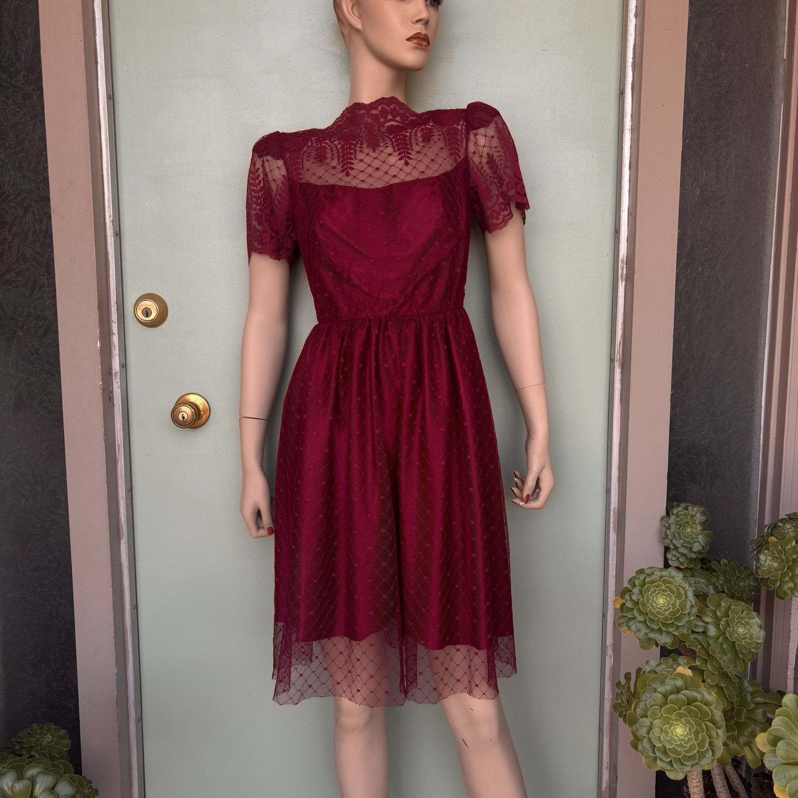 Vintage Burgundy Wine Lace Formal Dress Prom Wedding