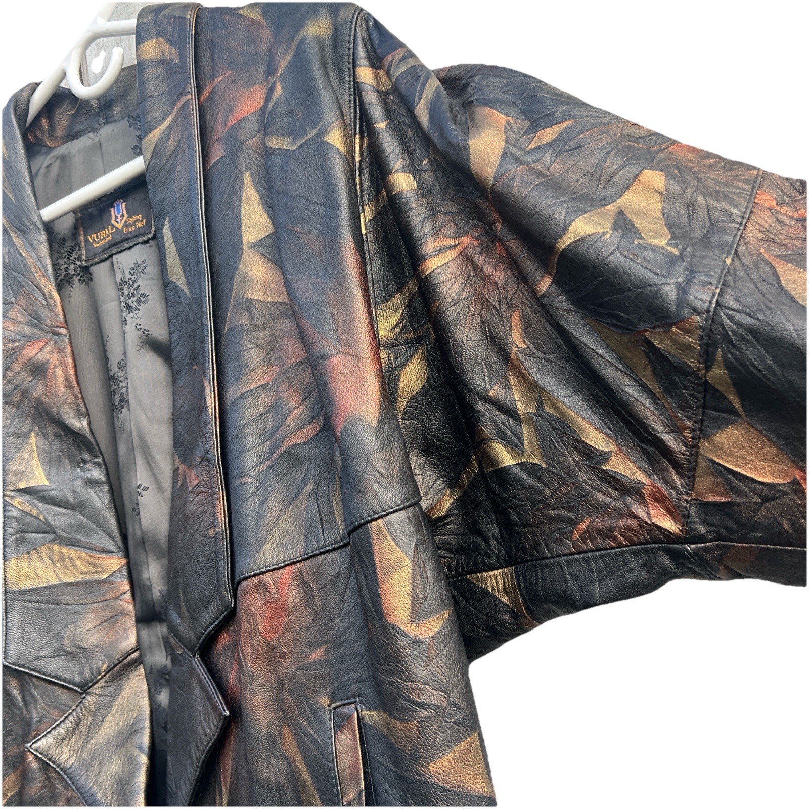 Vtg Leather Jacket Vural Styled By Erica Nef,Brown Gold, Abstract Leaf Pattern M
