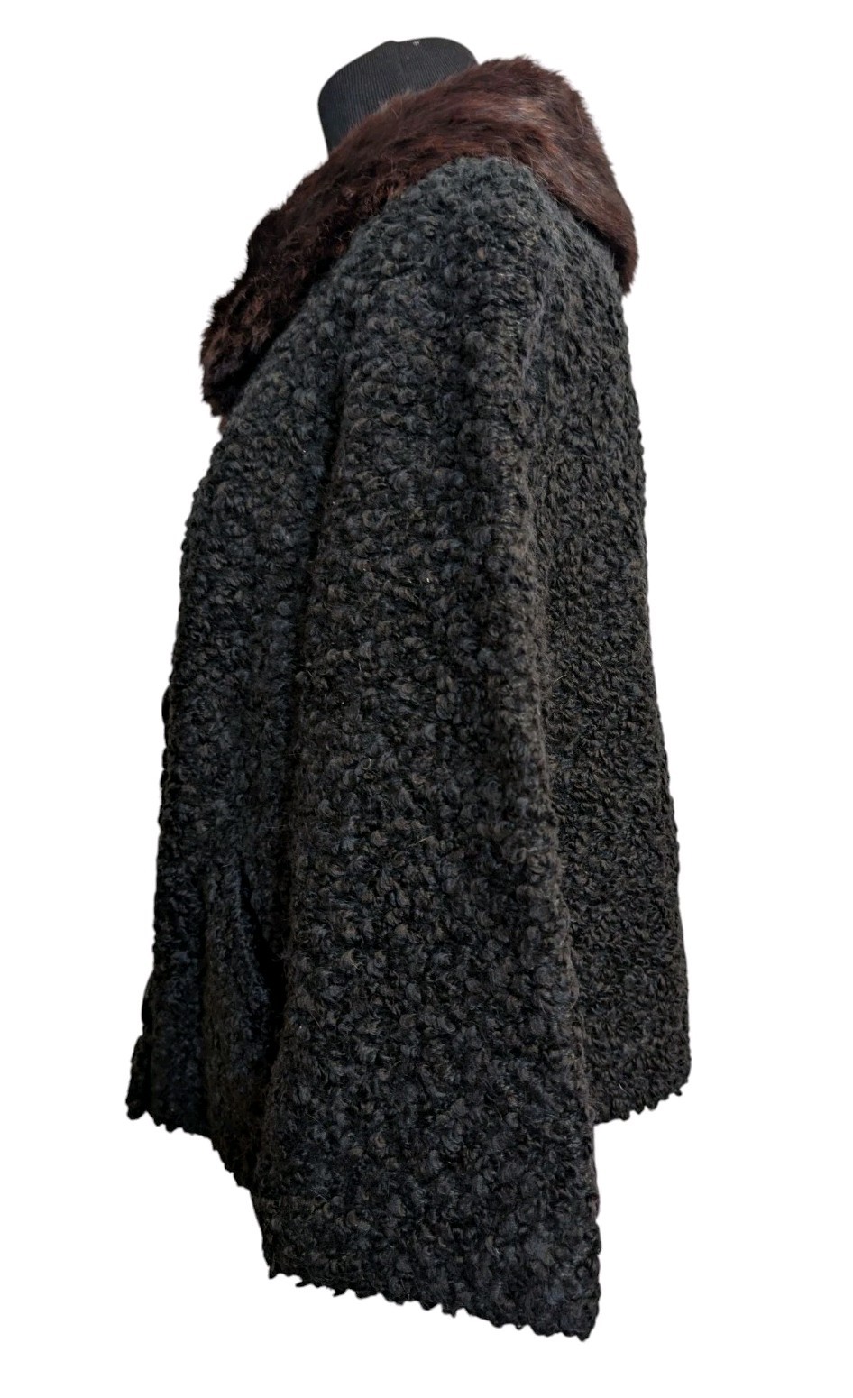 VTG WINTER brand 60s Women’s Black Wool Boucle 3/4 Slv Crop Jacket Brown Fur Med