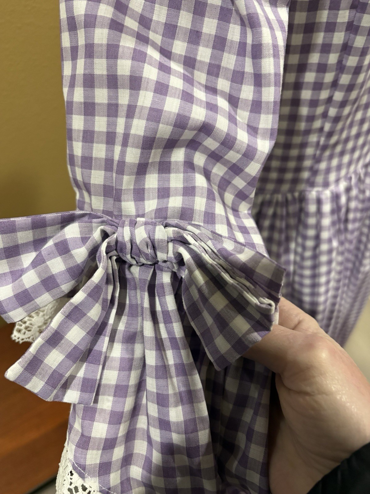 Prairie Style Lavender Gingham Long Dress Sz S Lace Floral Cottage Core Handmade