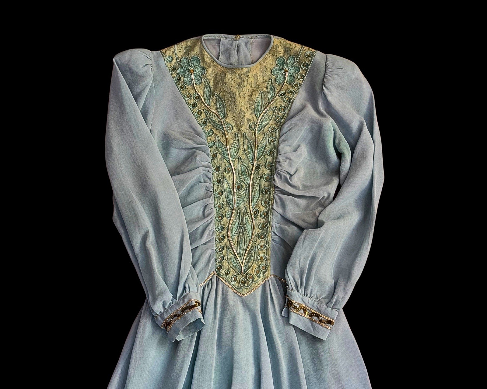 1940s Soft Blue Rayon Crepe and Lace Sequin embellished Strong Shoulder | XXS