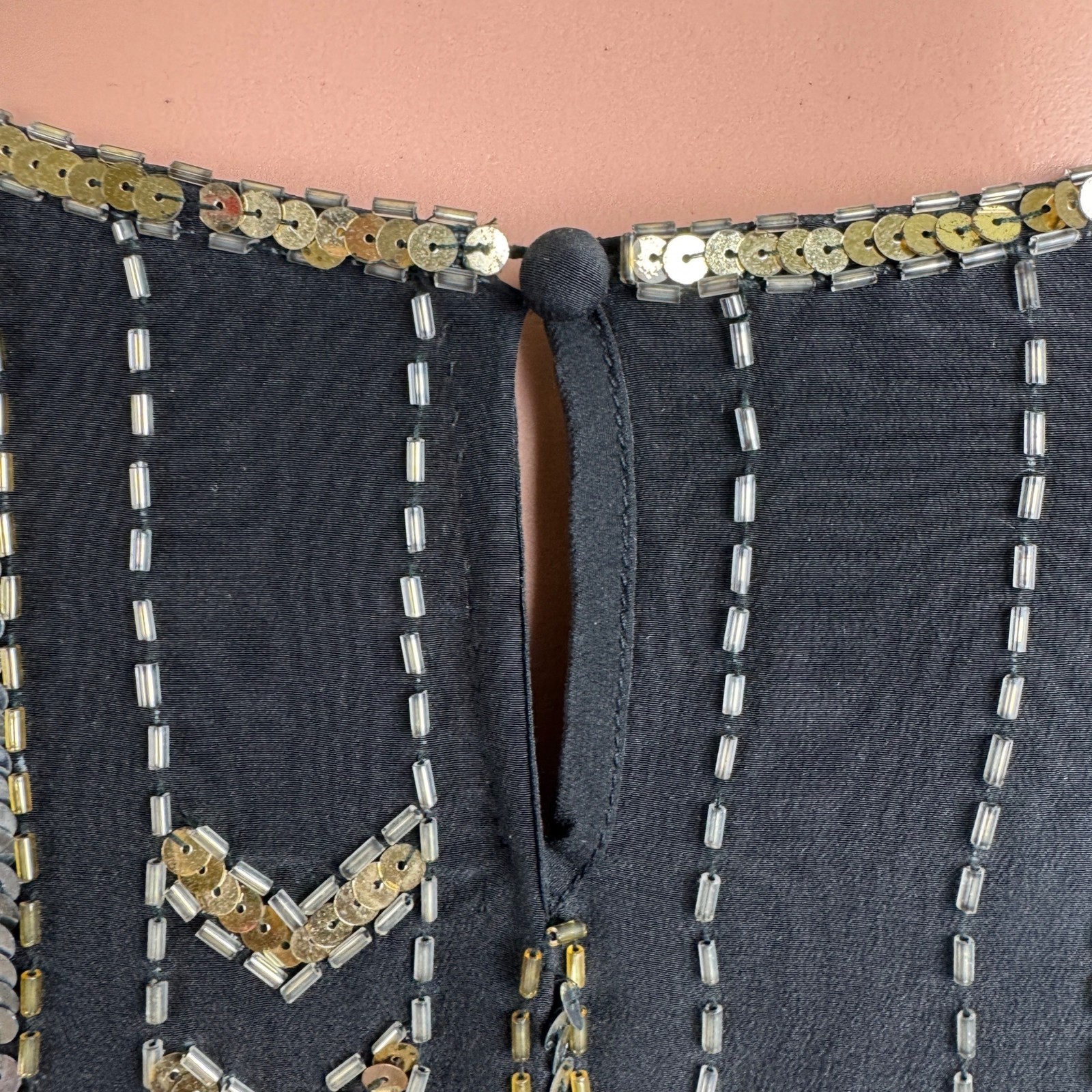 Vintage 80’s Three Flaggs 100% Silk Beaded Sequins Blouse Top Sz Large Black