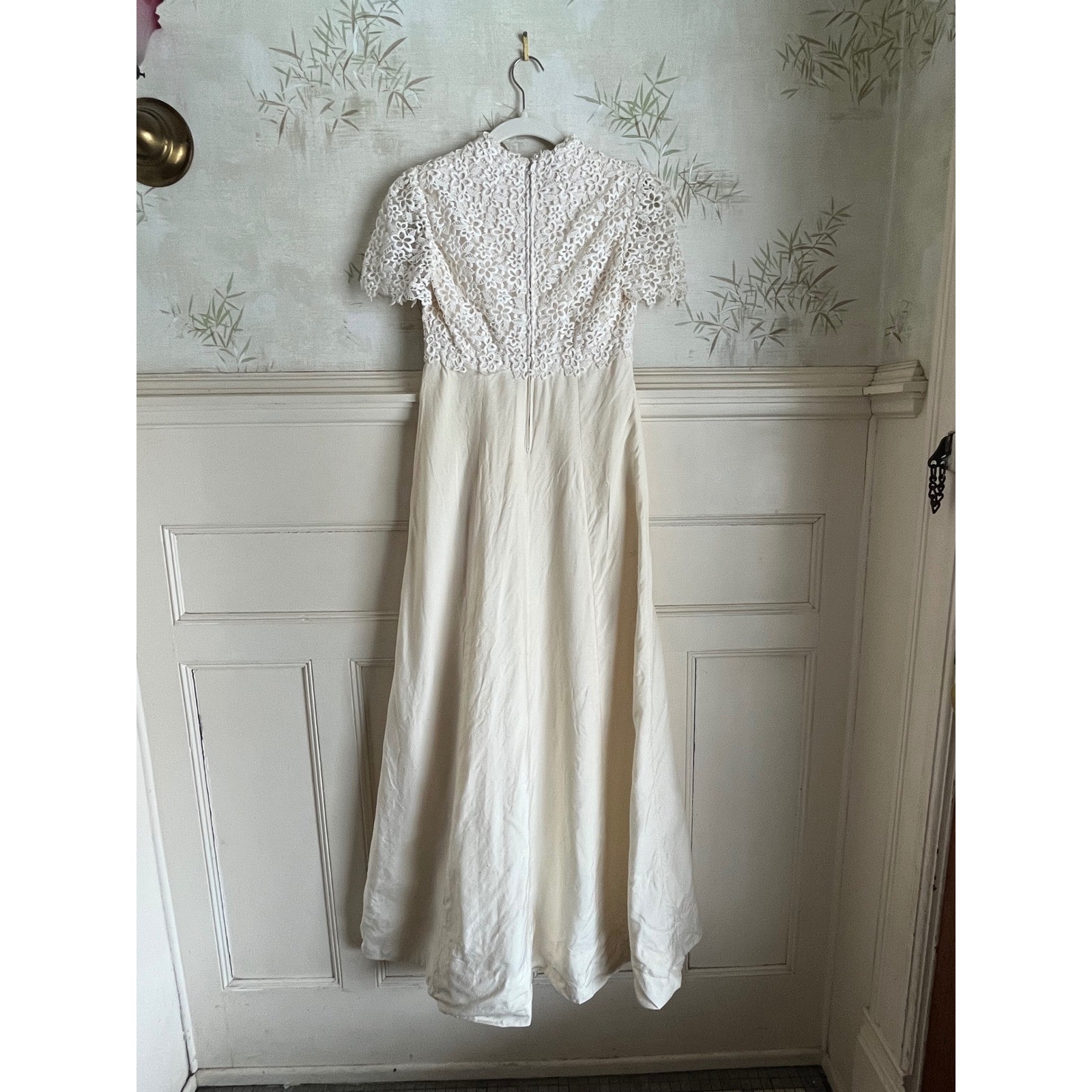 Vintage 60s Ivory Lace Raw Silk Wedding Gown Maxi Dress Empire Waist XS