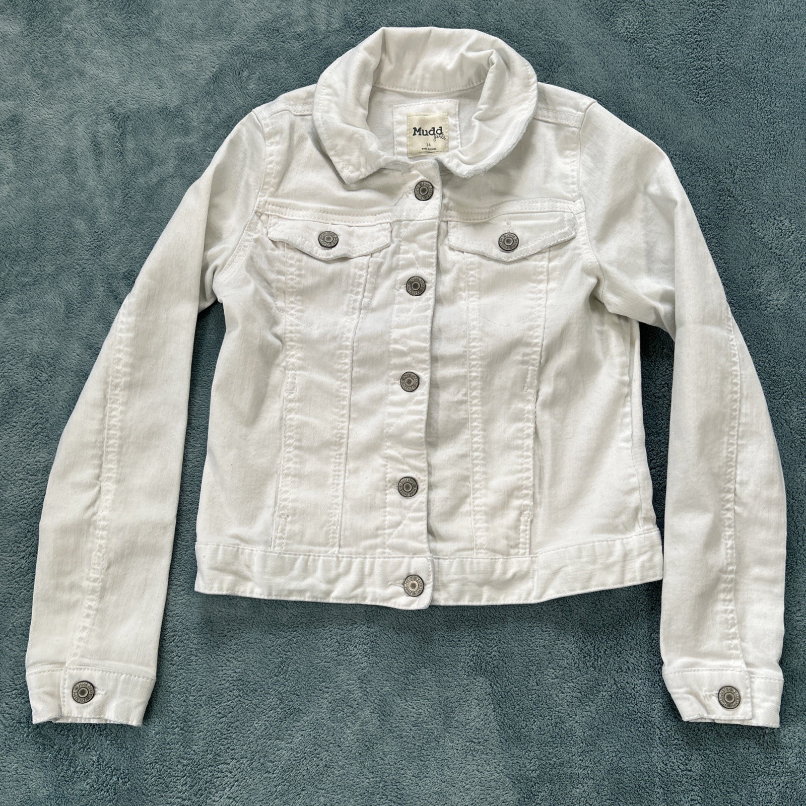 Mudd Jeans Denim Jacket Girls Size 14 White Distressed Front Pockets Button Up