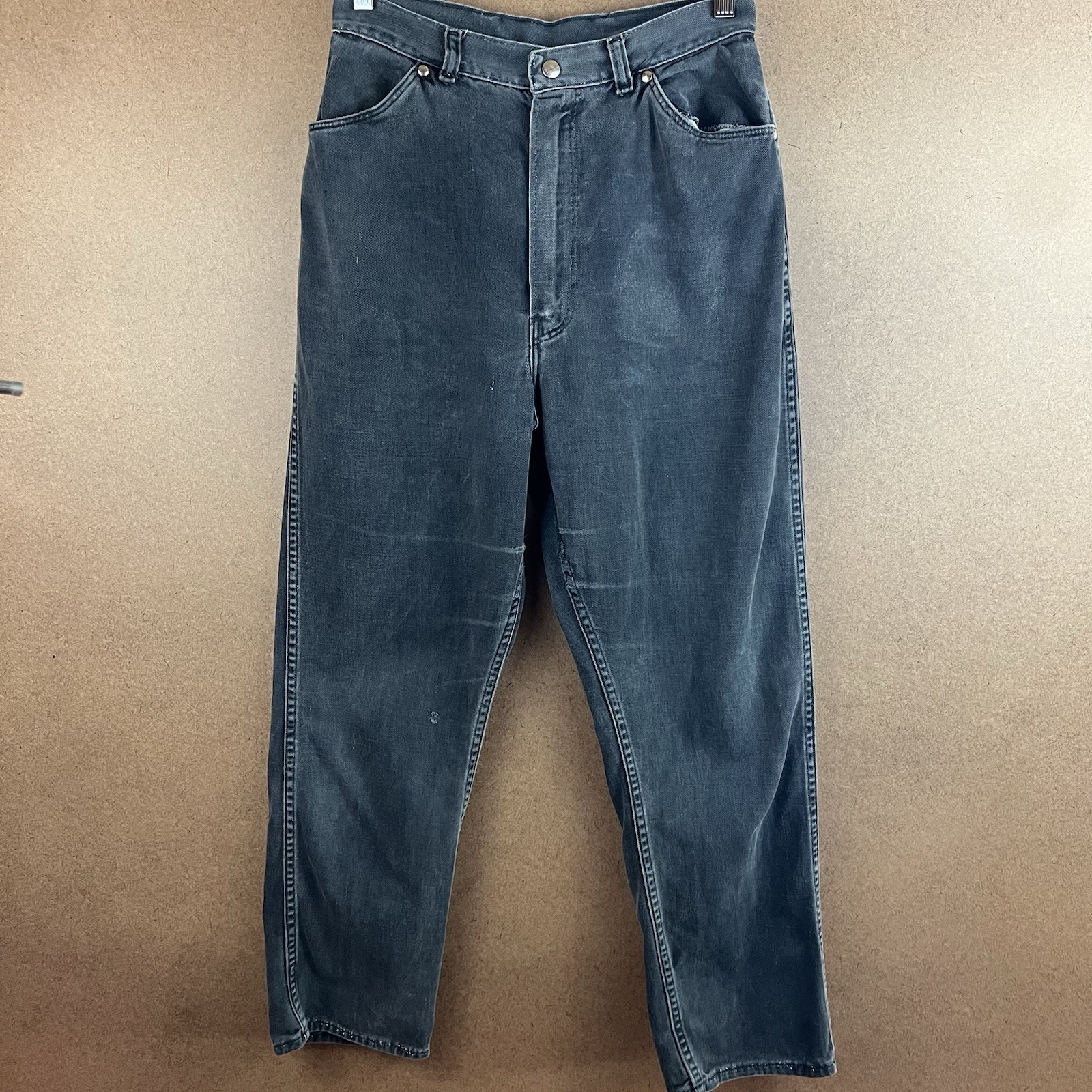 VTG 60s Distressed Wrangler Blue Bell Sanforized Black Jeans Sz 18 28×28 USA