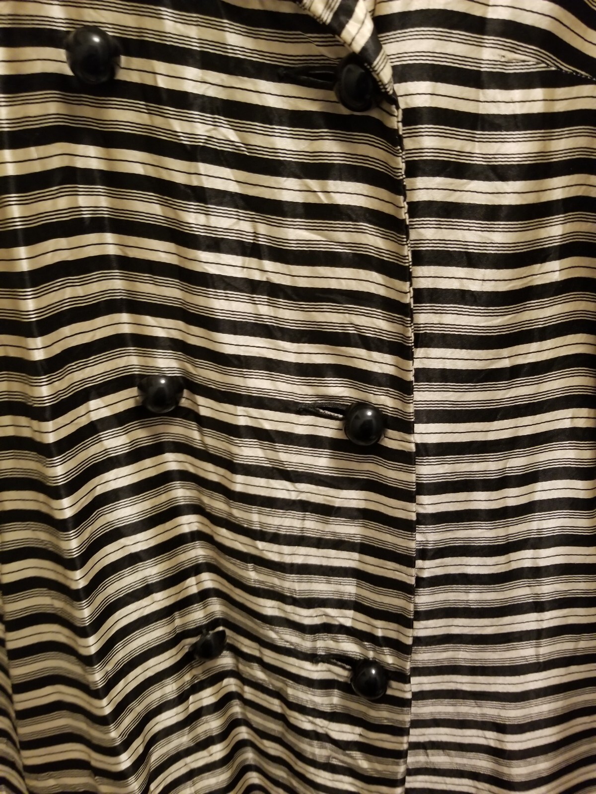 Vintage Retro Cool Mod 1960’s Striped Black and White Satin Coat front pockets