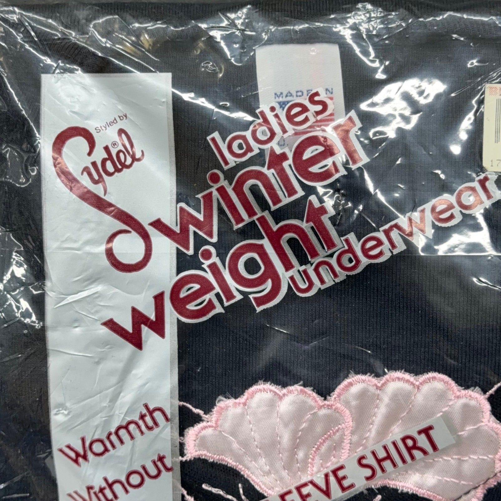 Vintage Sydel Ladies Winter Weight Thermal Shirt Navy Pink Lace Made in USA Med
