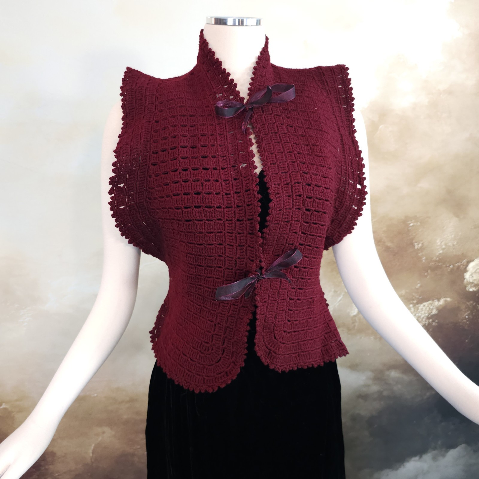 Burgandy Red Crochet Antique Vest 1920s 1930s Art Deco Sweater Shawl Bow Ties…