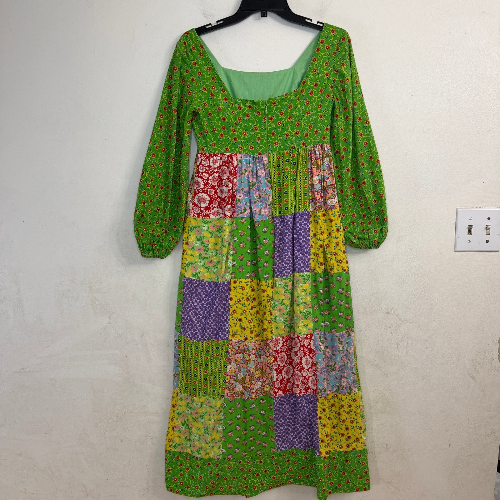 Vtg Mountain Artisans Patchwork Maxi Hippie Dress Floral Boho Green Pink Size 8