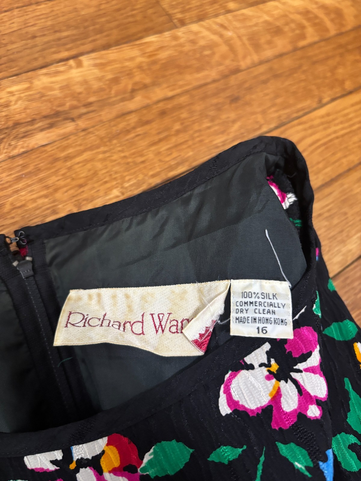 Vintage Richard Warren Womens 100% Silk Dress Sz 16 Black Floral Layered Ruffle