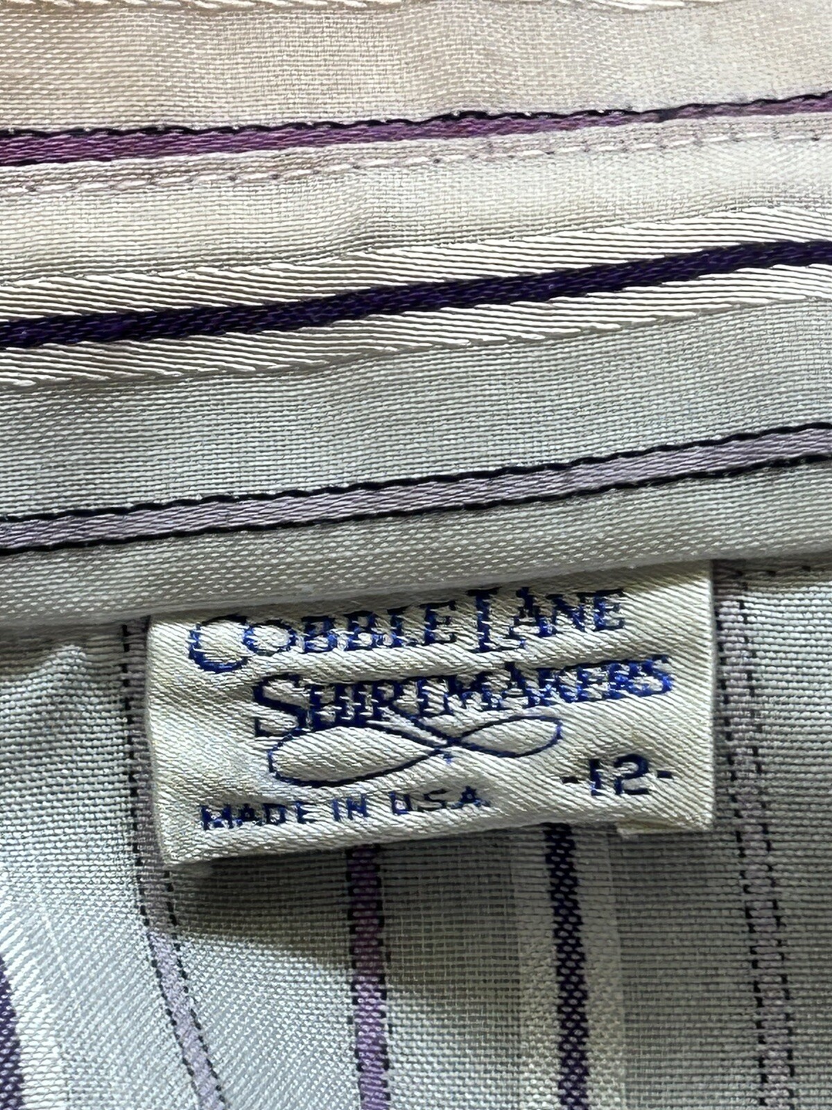 Vtg 80s Women’s Cobble Lane Shirtmakers Purples & Whites Stripes button shirt 12