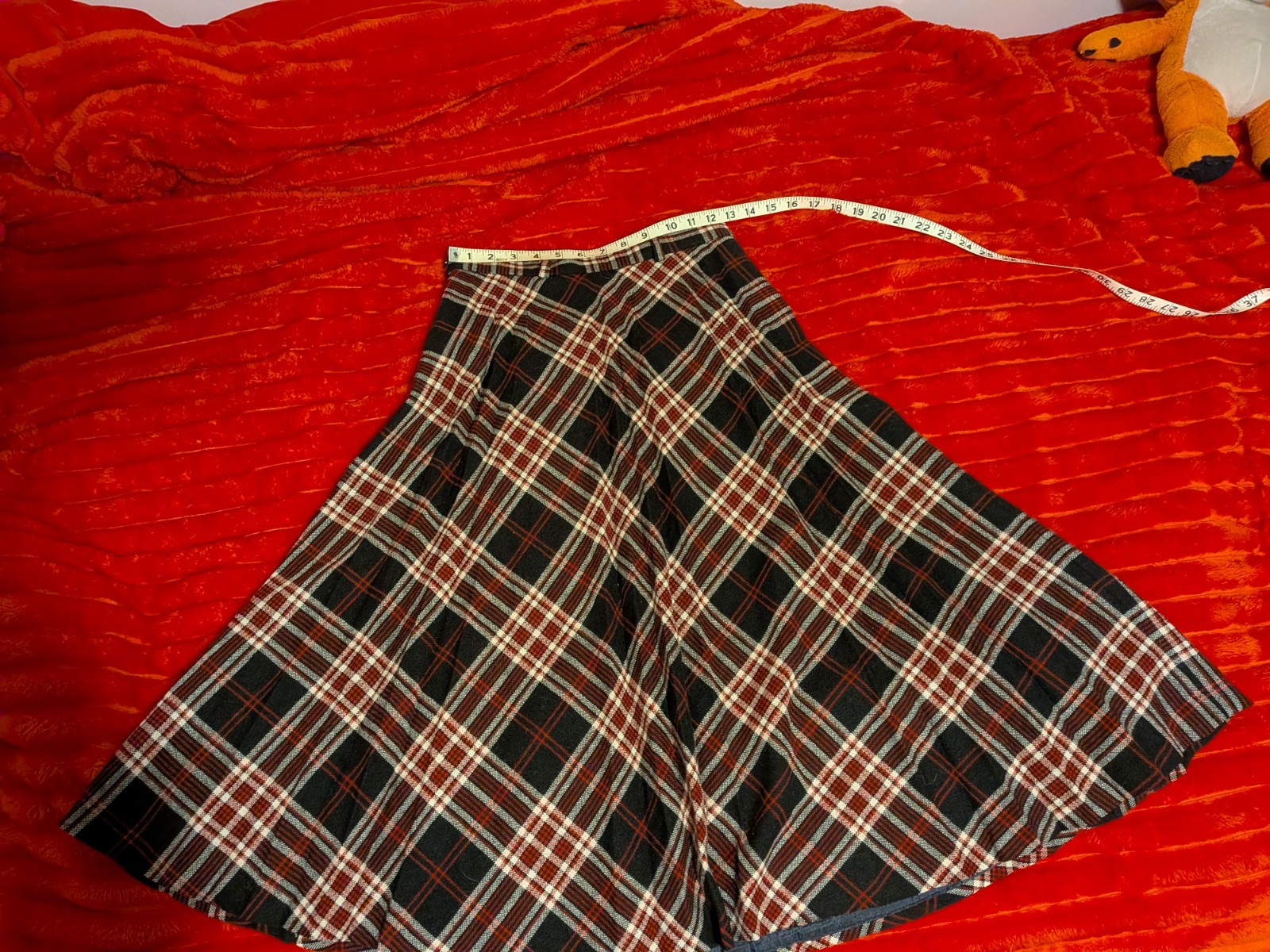 vintage wool blend plaid midi skirt set; Barclay Square, red black white brown