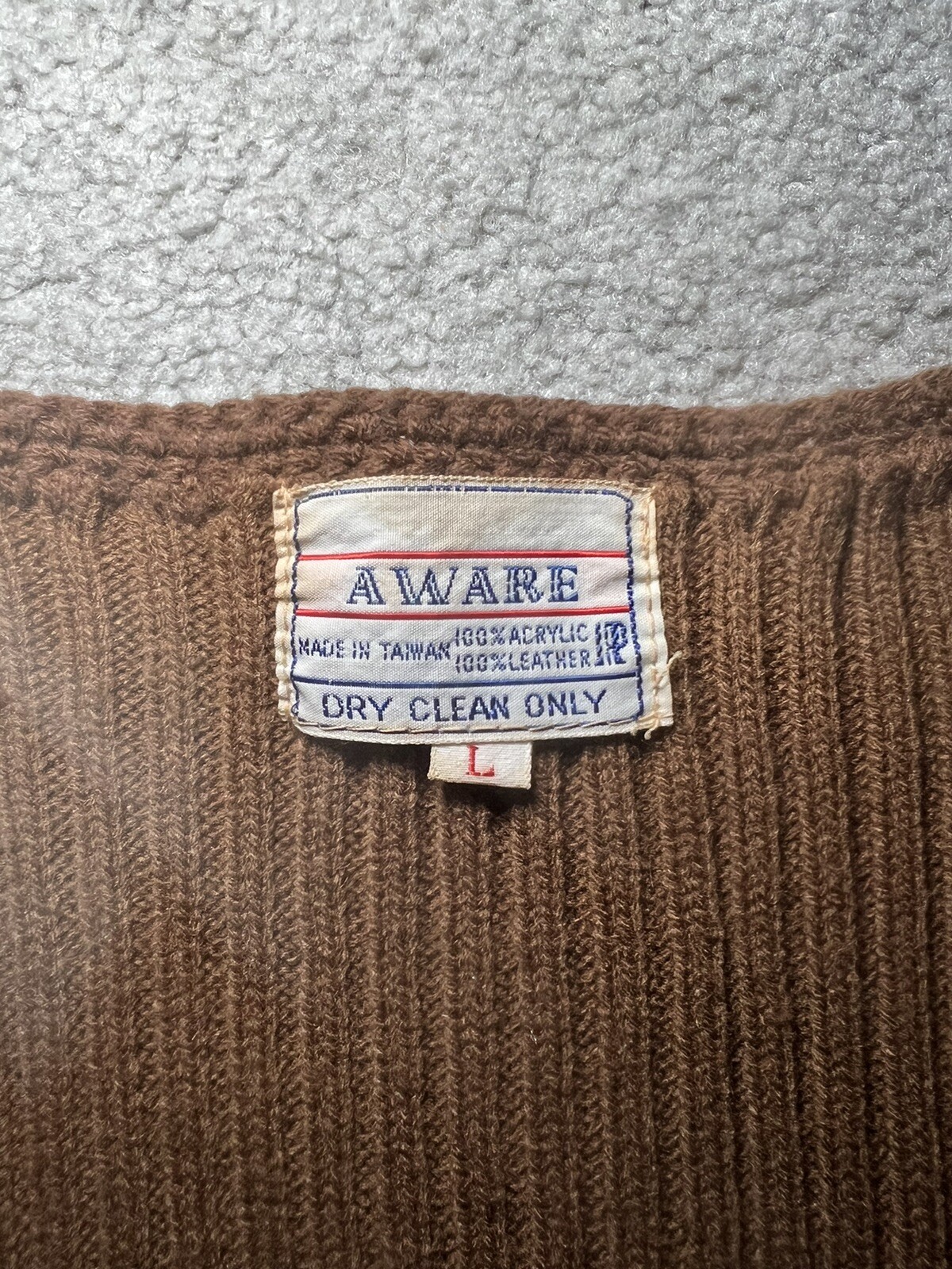 True Vintage Retro 70s Leather Patch Crochet Knit Vest by Aware Size Large