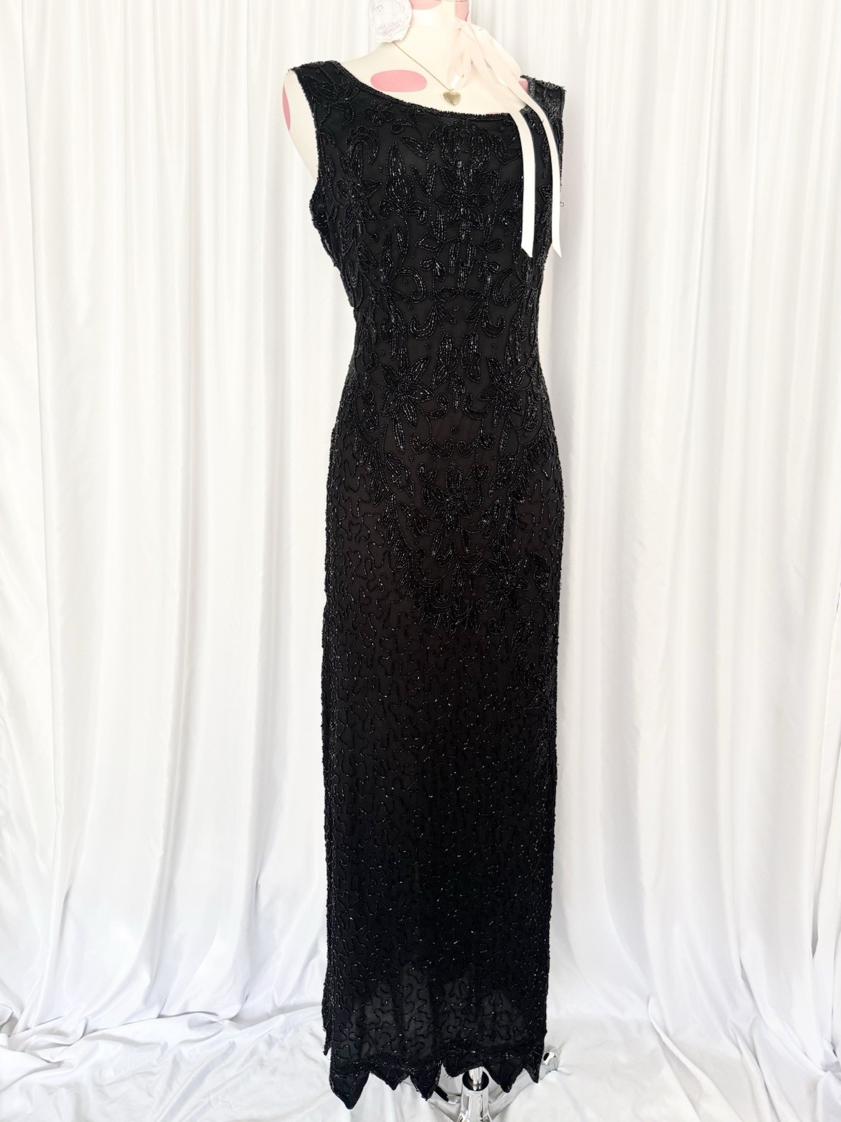 Vintage 90s Black Beaded Fairy Formal Gown Dress Maxi Evening Prom Silk XL