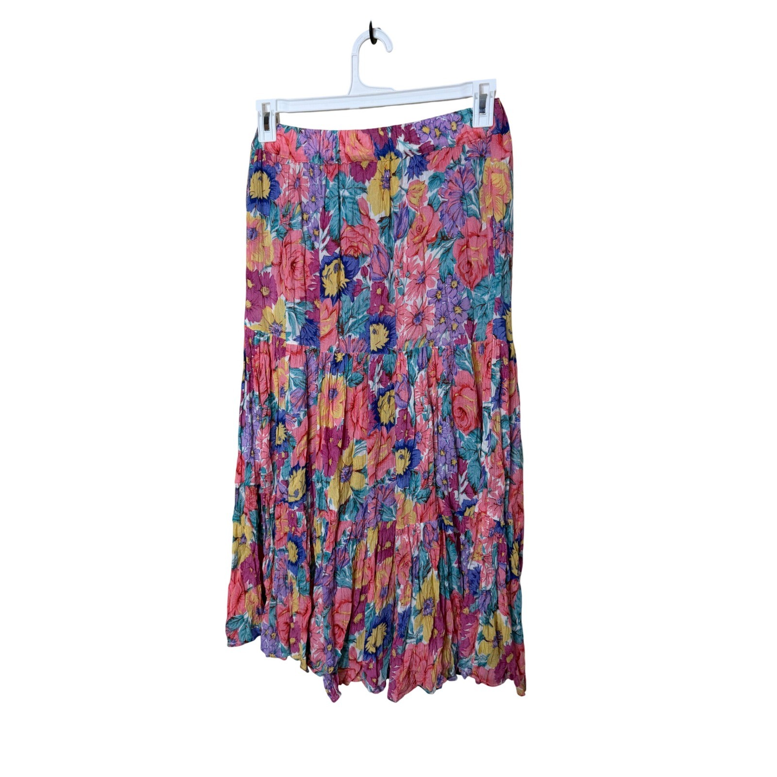 Vintage Adini Floral Tiered Maxi Skirt Pink Yellow Blue Rayon Boho Size P