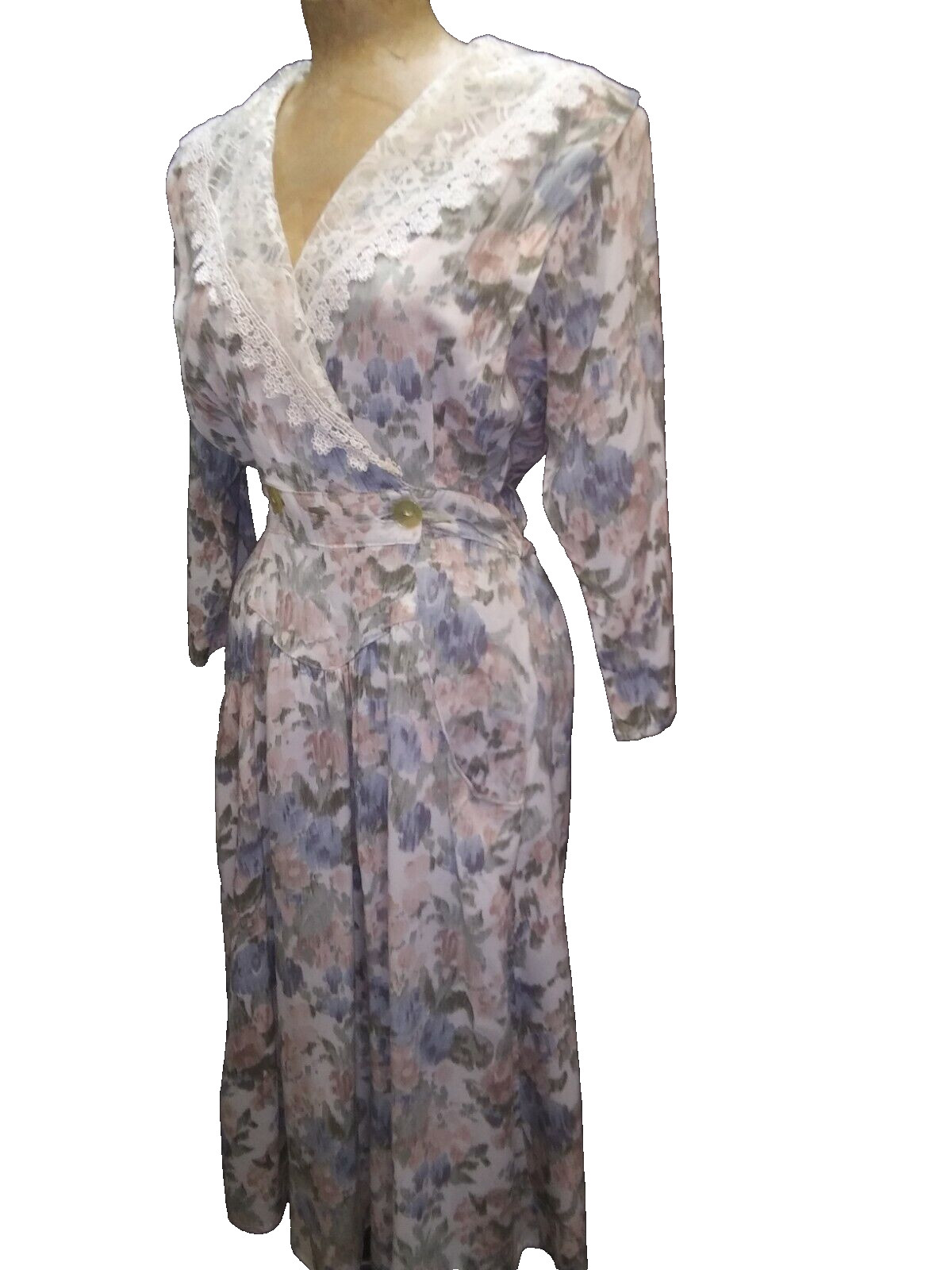 Vintage 1980’s White Peach Green Cotton Eyelet Romantic Dress Blondie & Me S