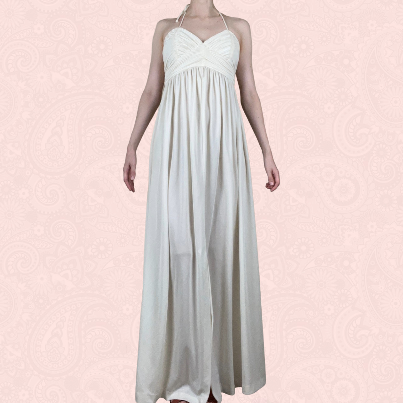 Vintage 70s Joy Stevens White Cream Strappy Halter Empire Waist Maxi Dress XS
