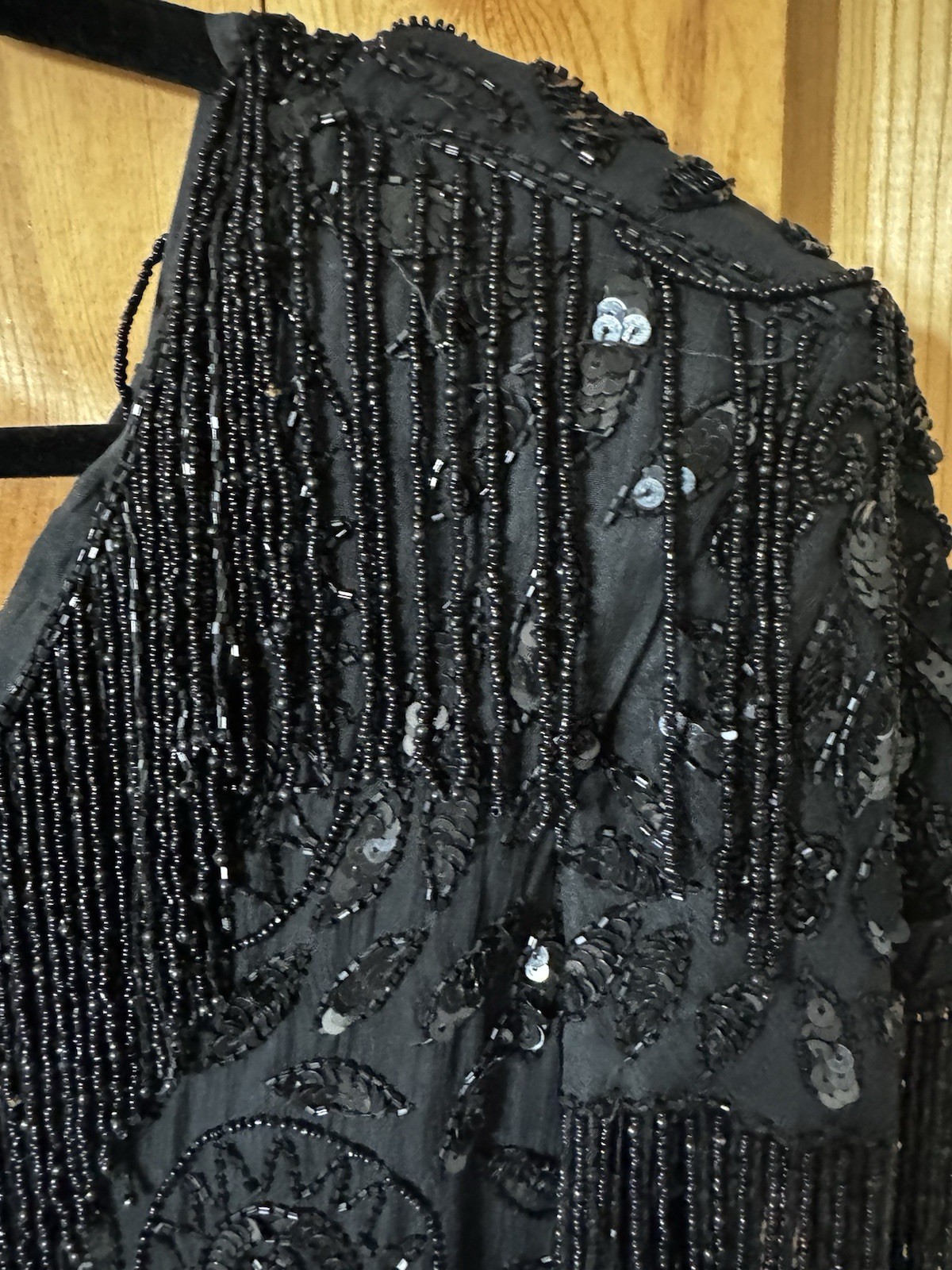 Mid 1990’s Black Tan Chho Sequinned & Beaded Dress with Fringe 2X BUST 44-48”