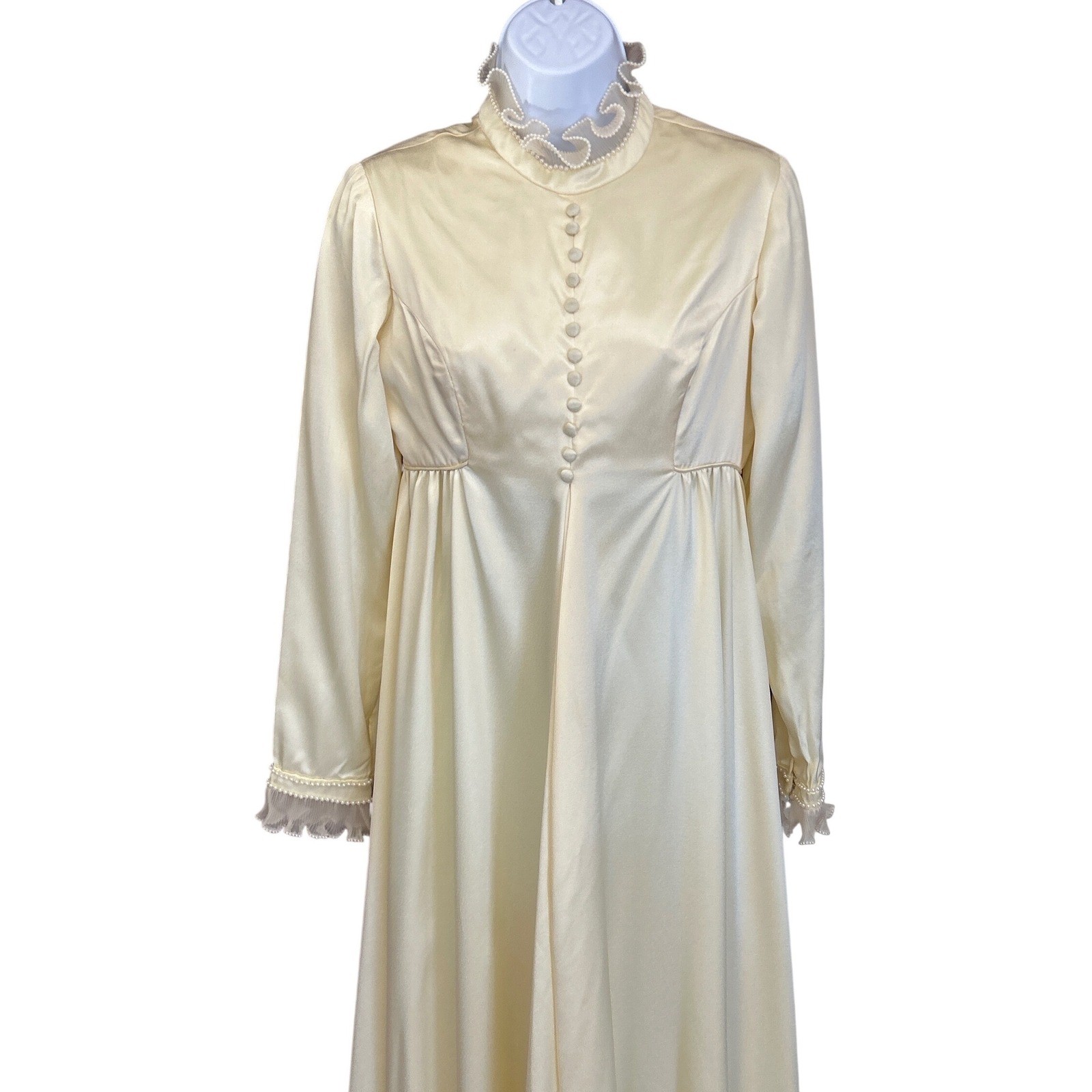 Vintage Unbranded Maxi Dress Victorian Regencycore Cream Satin Pearl Trim Gown