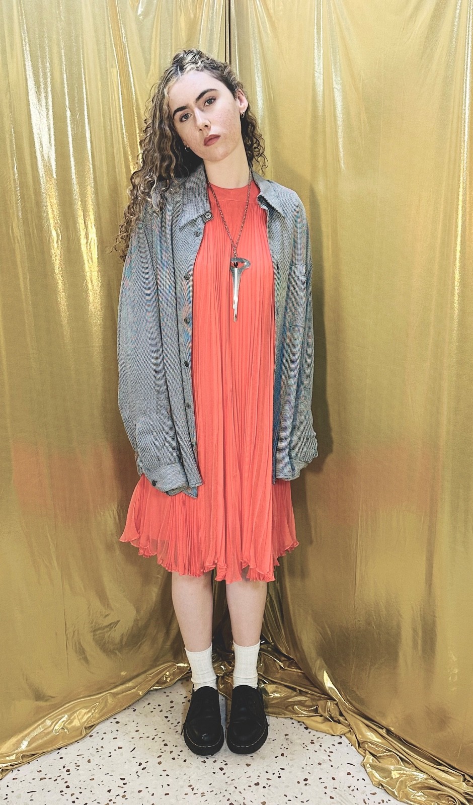 Vtg 1960s 60s TEAL TRAINA Silk PLEATED Chiffon Trapeze Dress CORAL Orange Mod M