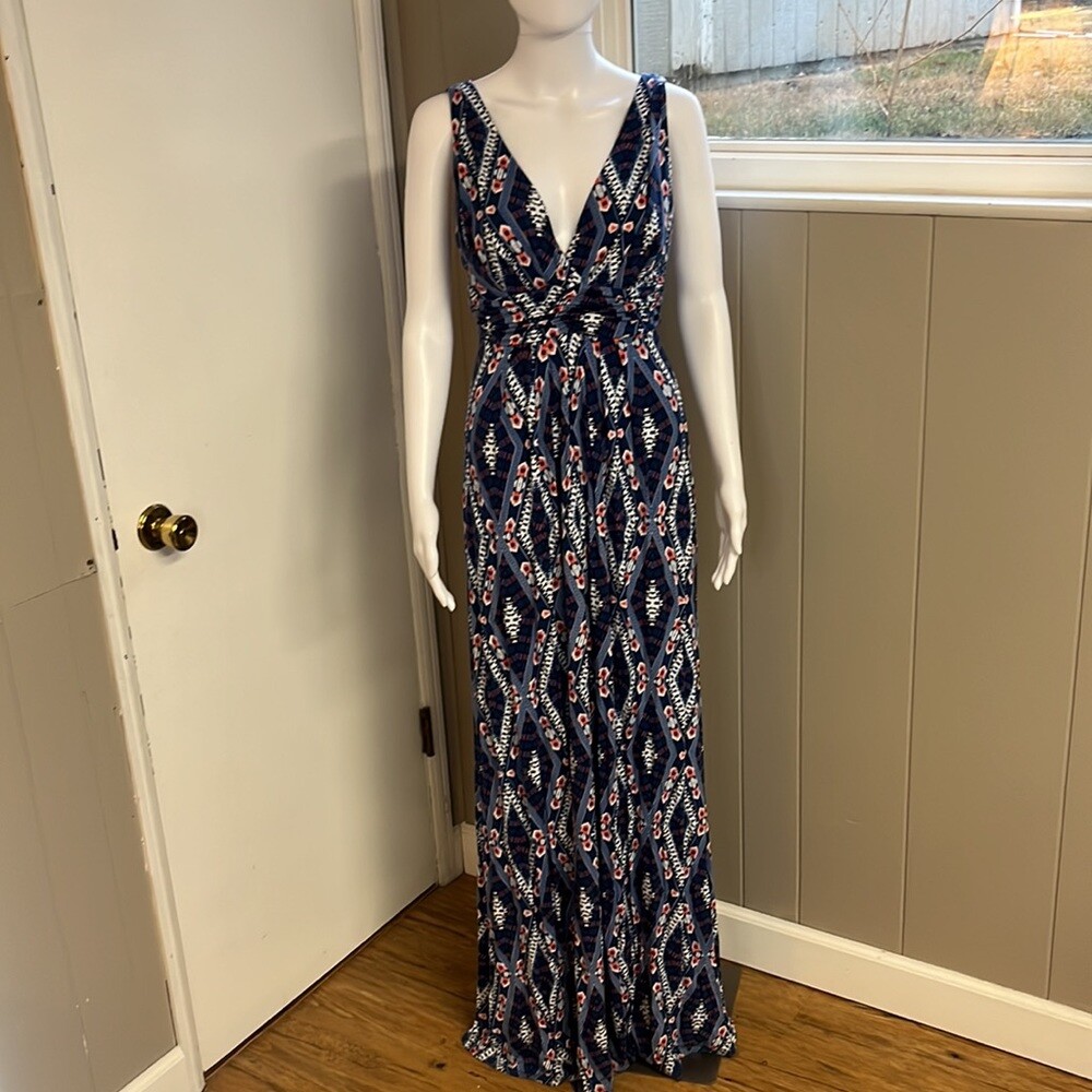 Lemon TART | Women’s Stretchy V Neck Boho Maxi Dress | Blue, Orange & White | M
