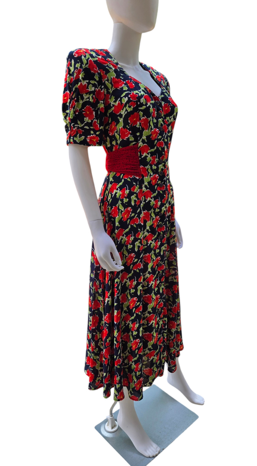 VTG 80s Does 40s Carole Little Rayon Gauze Red White Blue Floral Print Dress S M