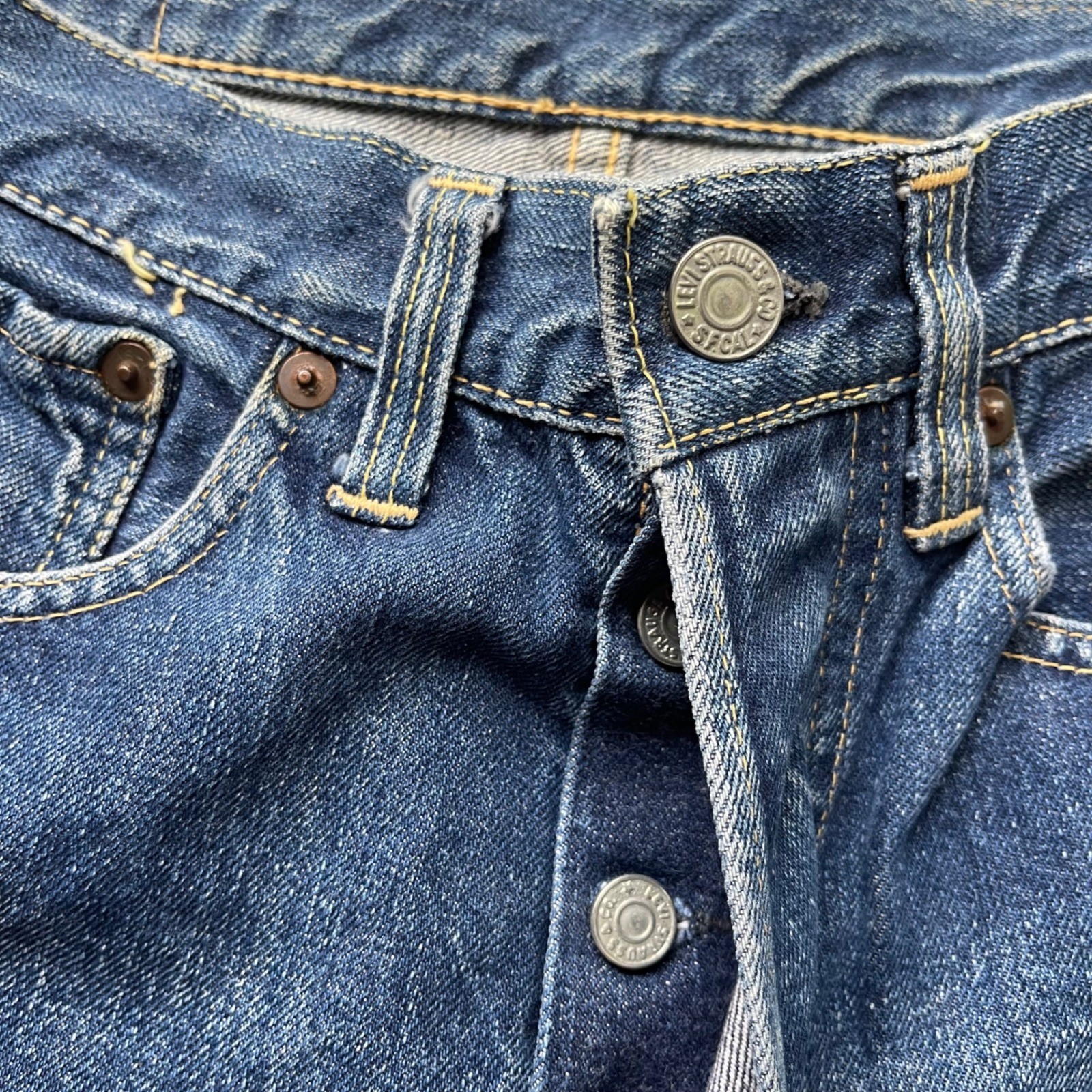Vintage Levis 501 Big E Selvedge Denim Shorts Indigo Hidden Rivet High Waist 27
