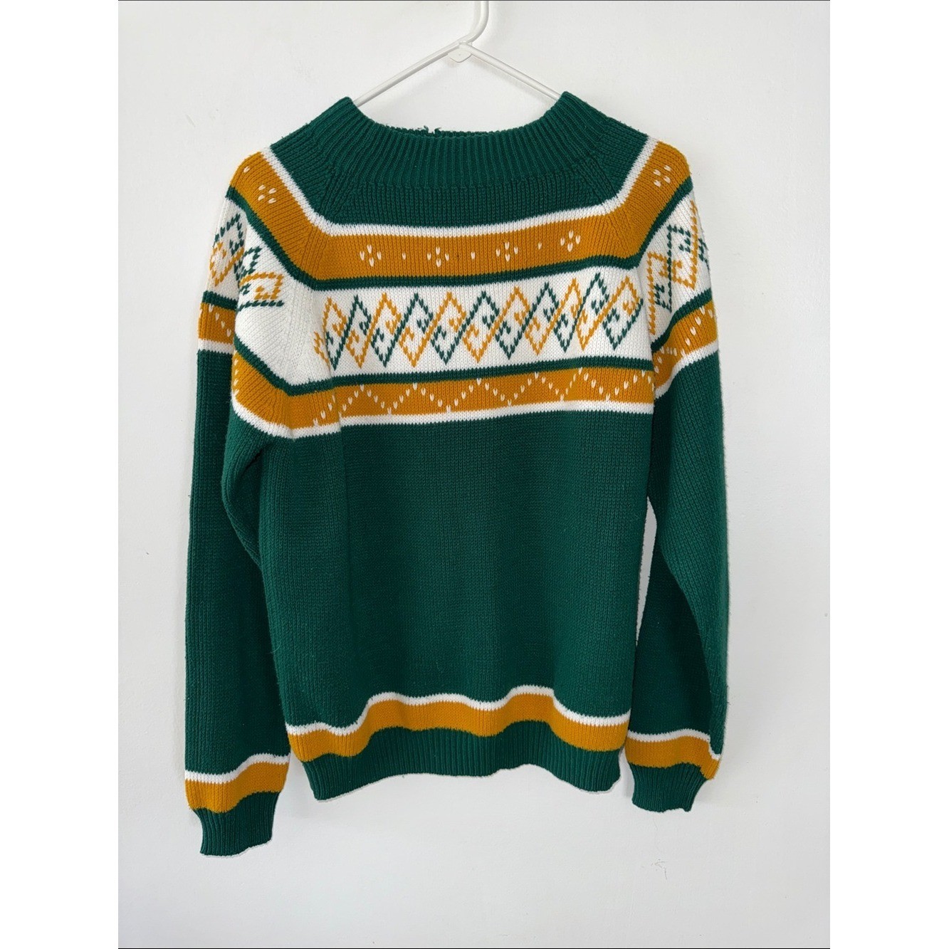 Vintage 1970s Nordic Ski Sweater Green Gold White Geometric Fair Isle Large