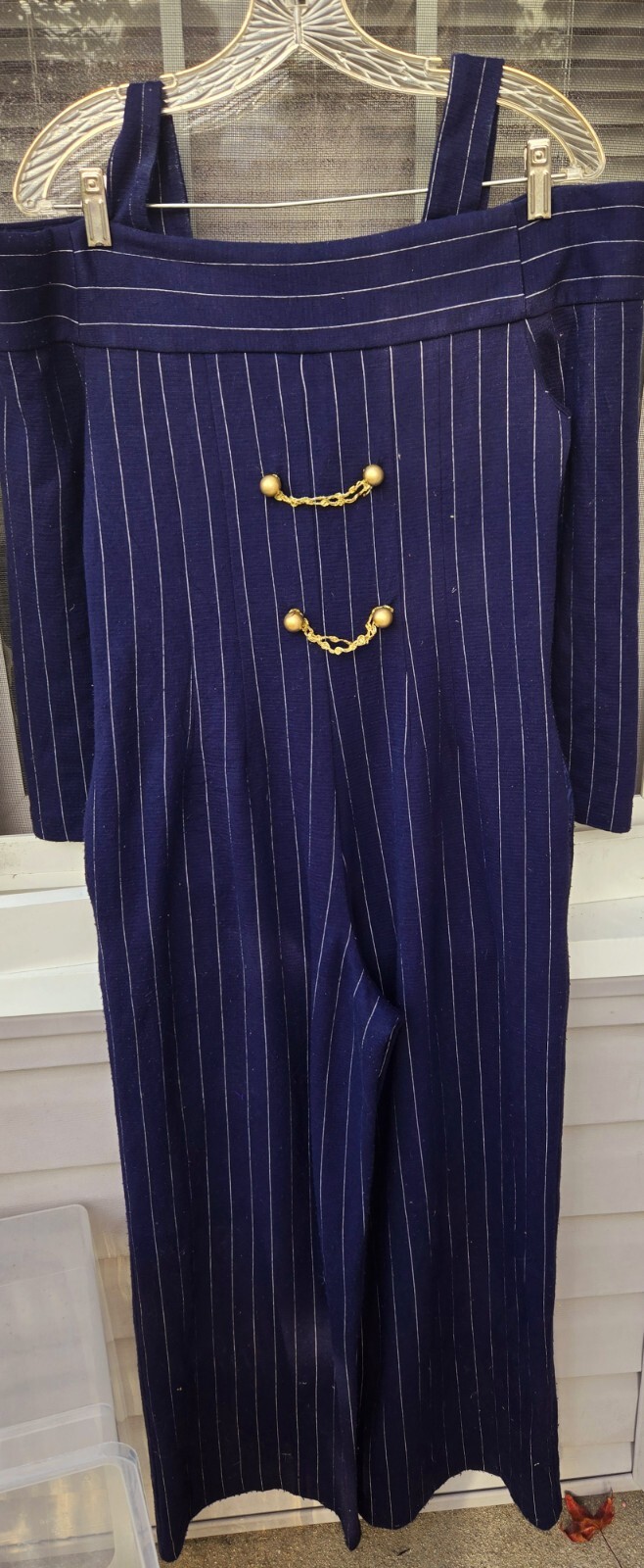 Vintage JRT By Newport News 90s Navy Blue Pinstripe Romper Off Shoulder One…