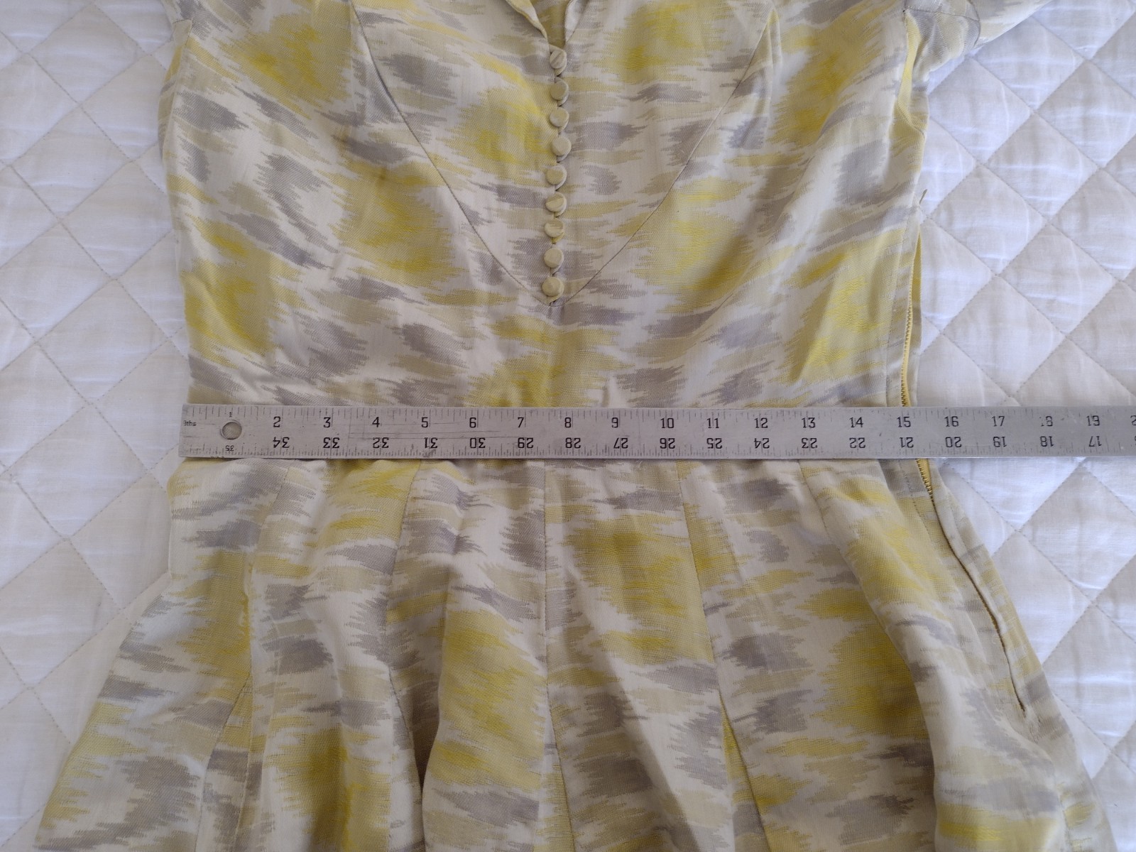 VTG Pat Premo Midi Dress Yellow Grey 50s 60s Cottage Full Skirt Mid Century MCM