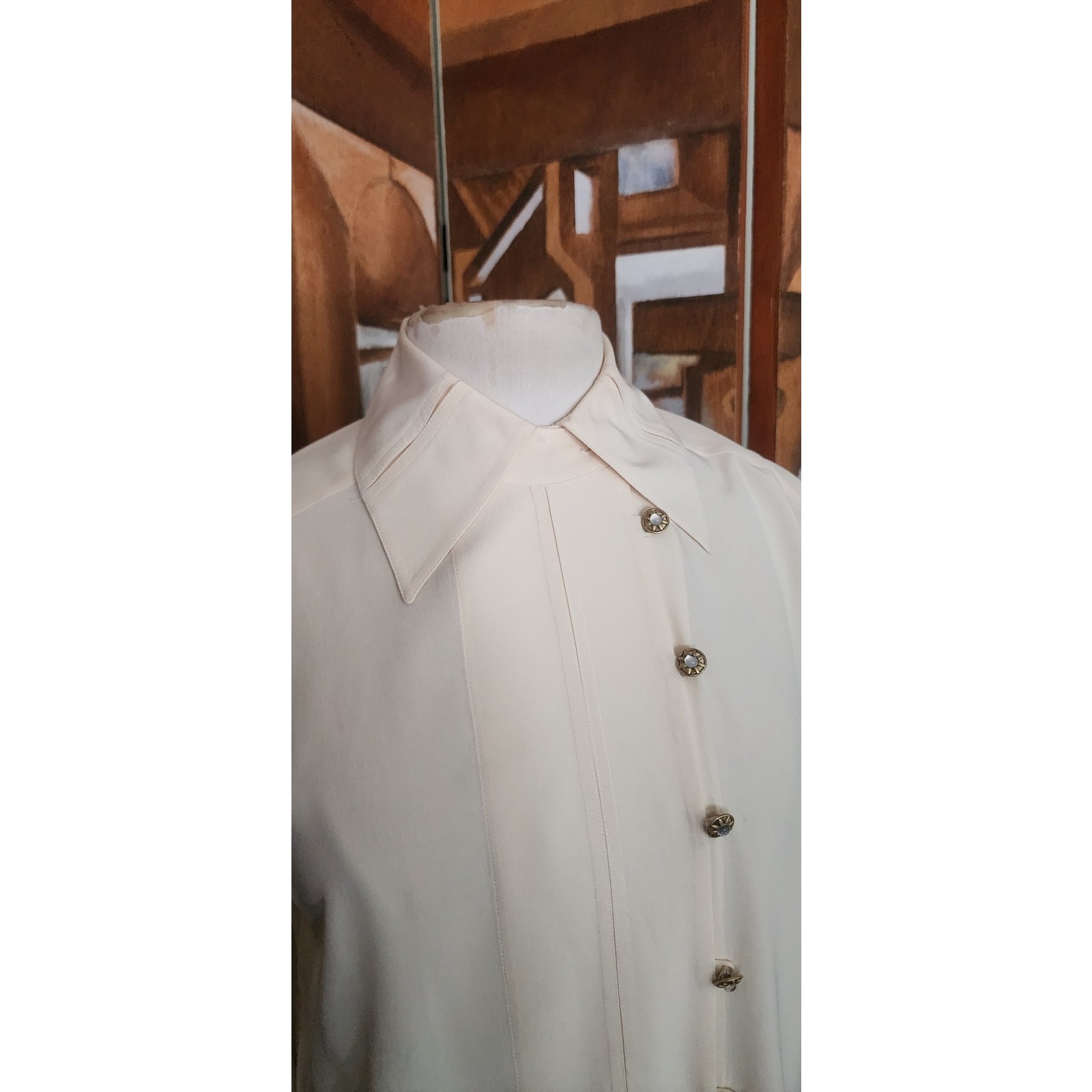 Vintage 1980s Karl Lagerfeld Blouse Cream Silk Shirt Asymmetric Button Down Med
