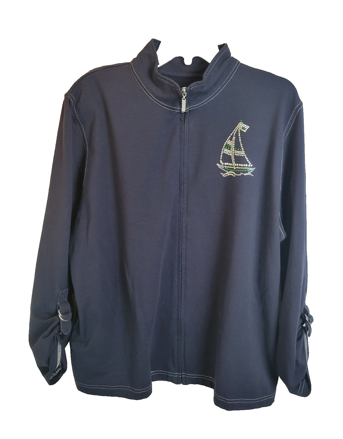 Alfred Dunner Blue Full Zip Rhinestones Nautical Sailboat Jacket Women’s Size 18