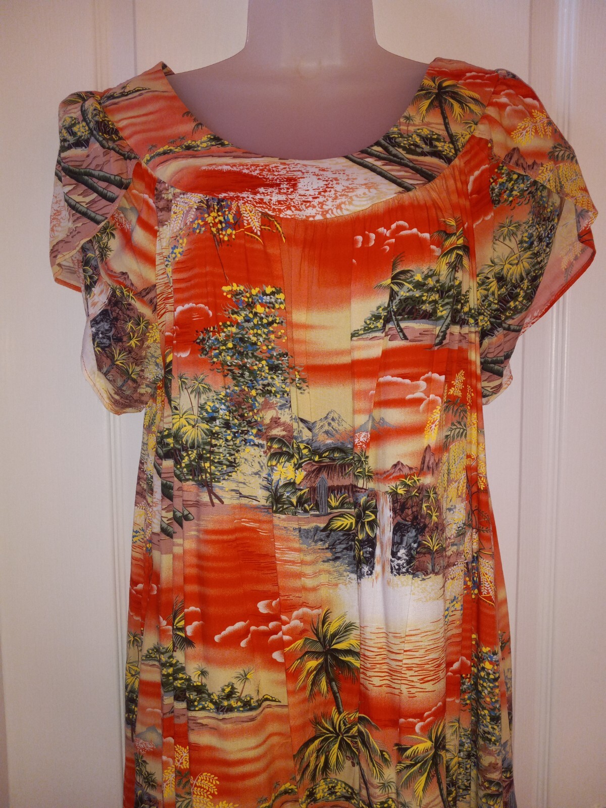 Vintage Puanani Hawaiian Island Orange Rayon Tiki Oasis Maxi Muumuu Dress M