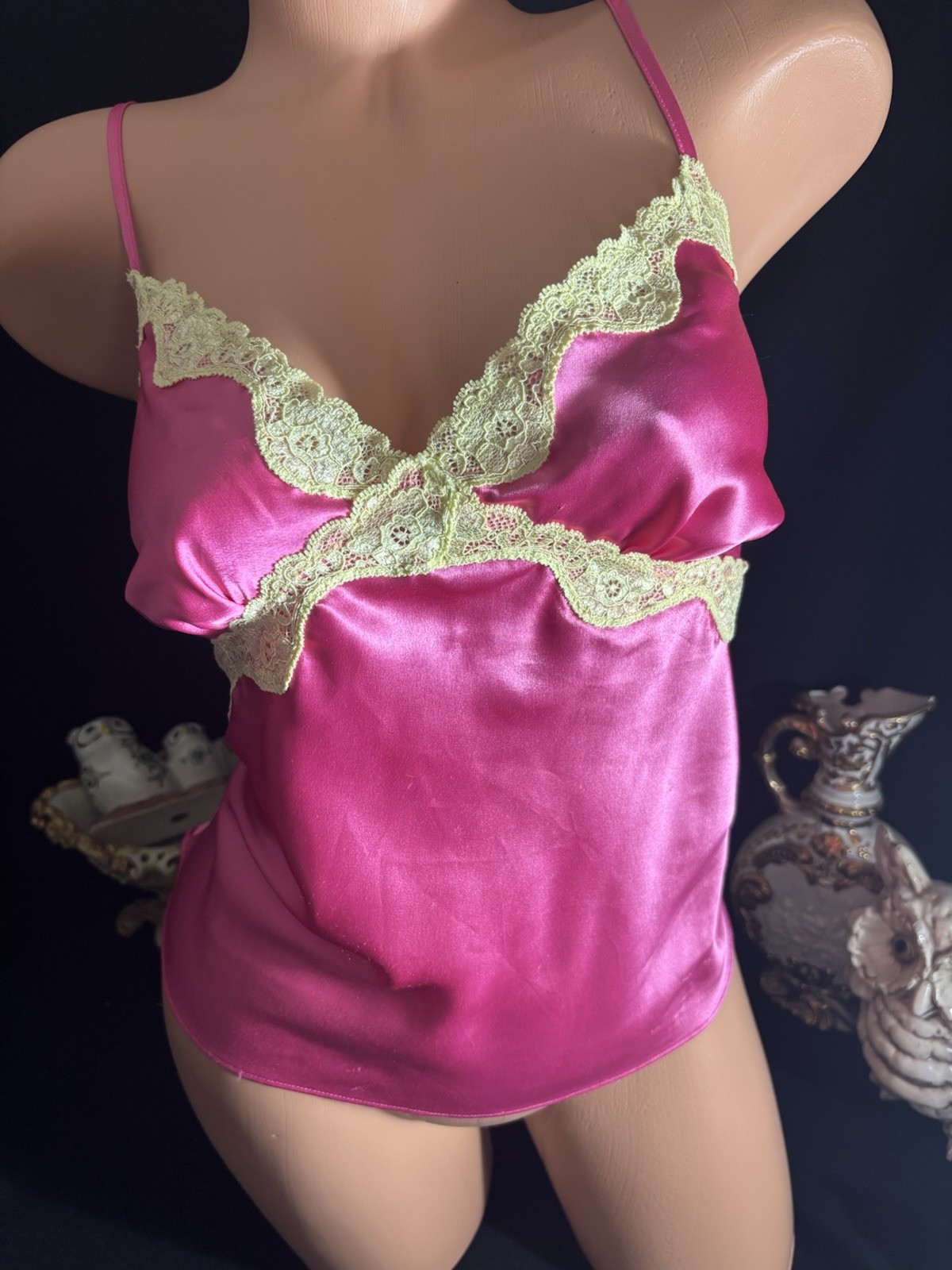VTG Satin Silky Soft Hot Pink Nightie Cami Office Gal camisole Chantilly Lace L