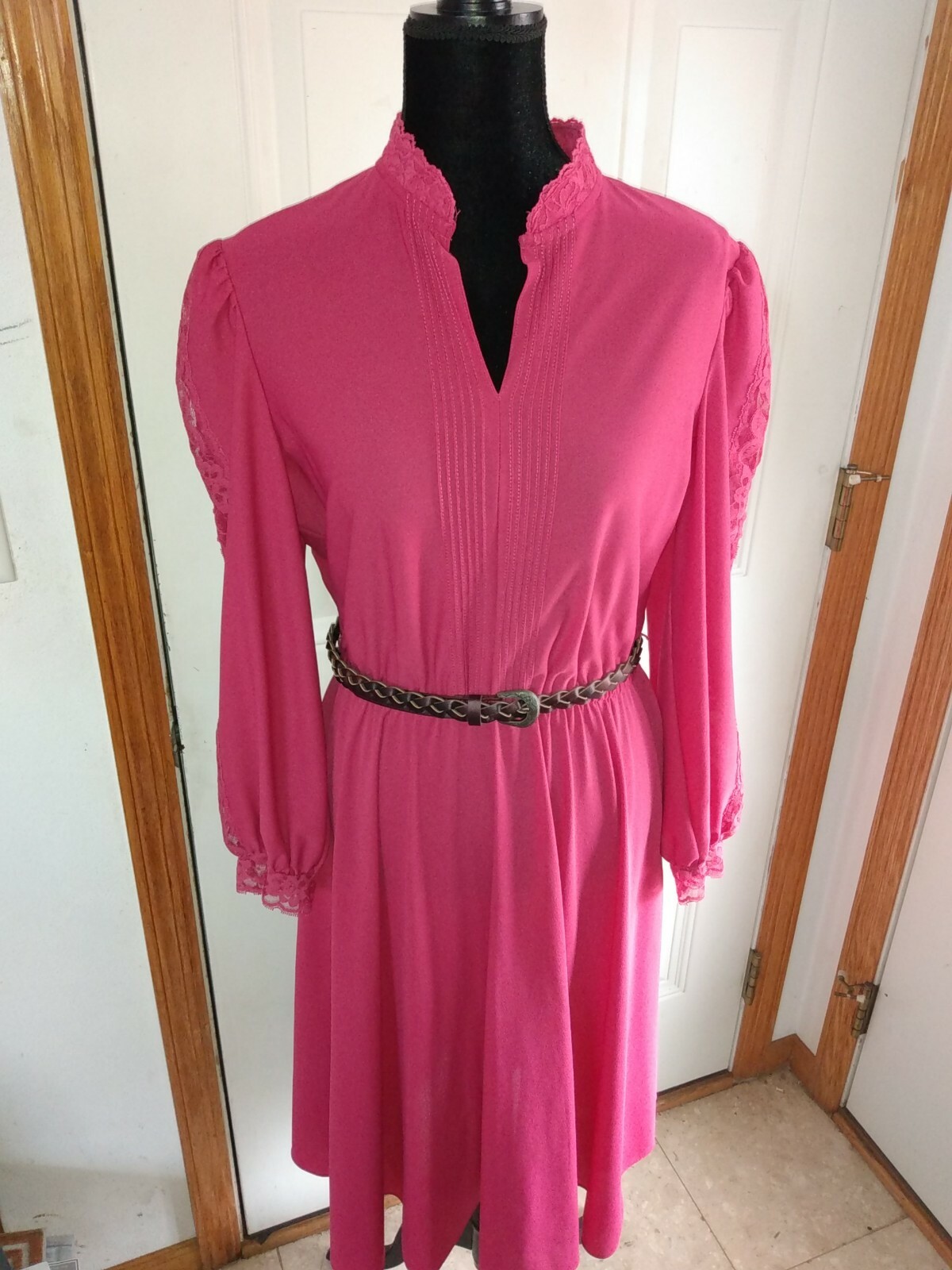 Vtg Jane Baar Dress Raspberry LS Lace Front Collar Elastic Waist No Sz Tag M/L