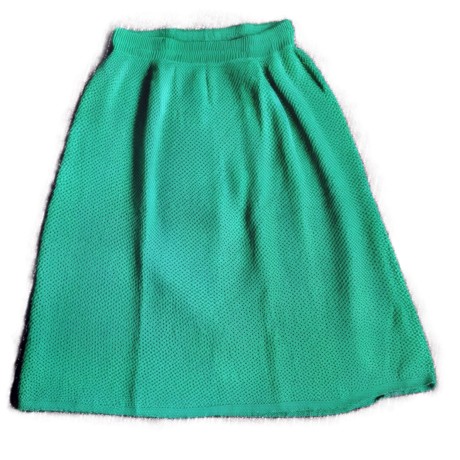VTG Green S/M Green 2pc Set Skirt Eyelet Crochet Knit Sweater French Acrylic EUC