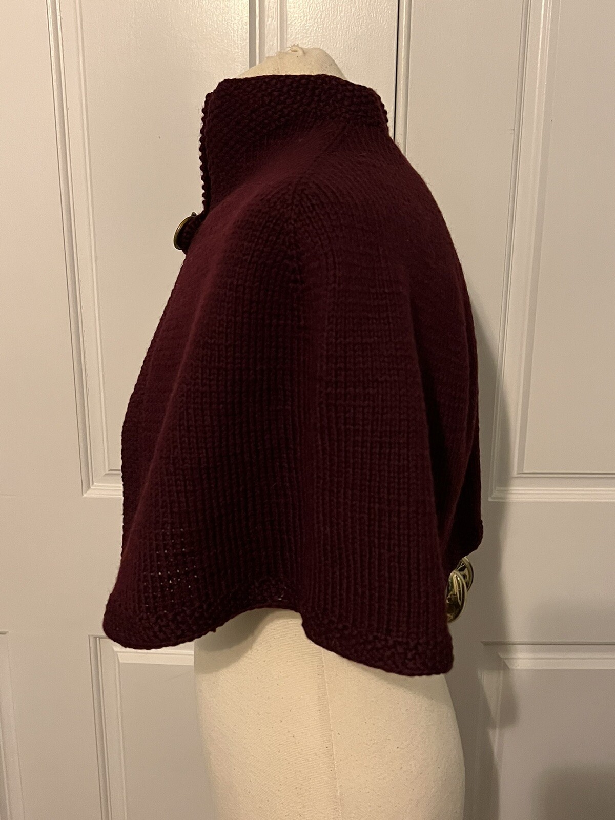 Vintage Maroon Burgundy Handmade Sweater Shawl Cape Ornate Buttons O/S